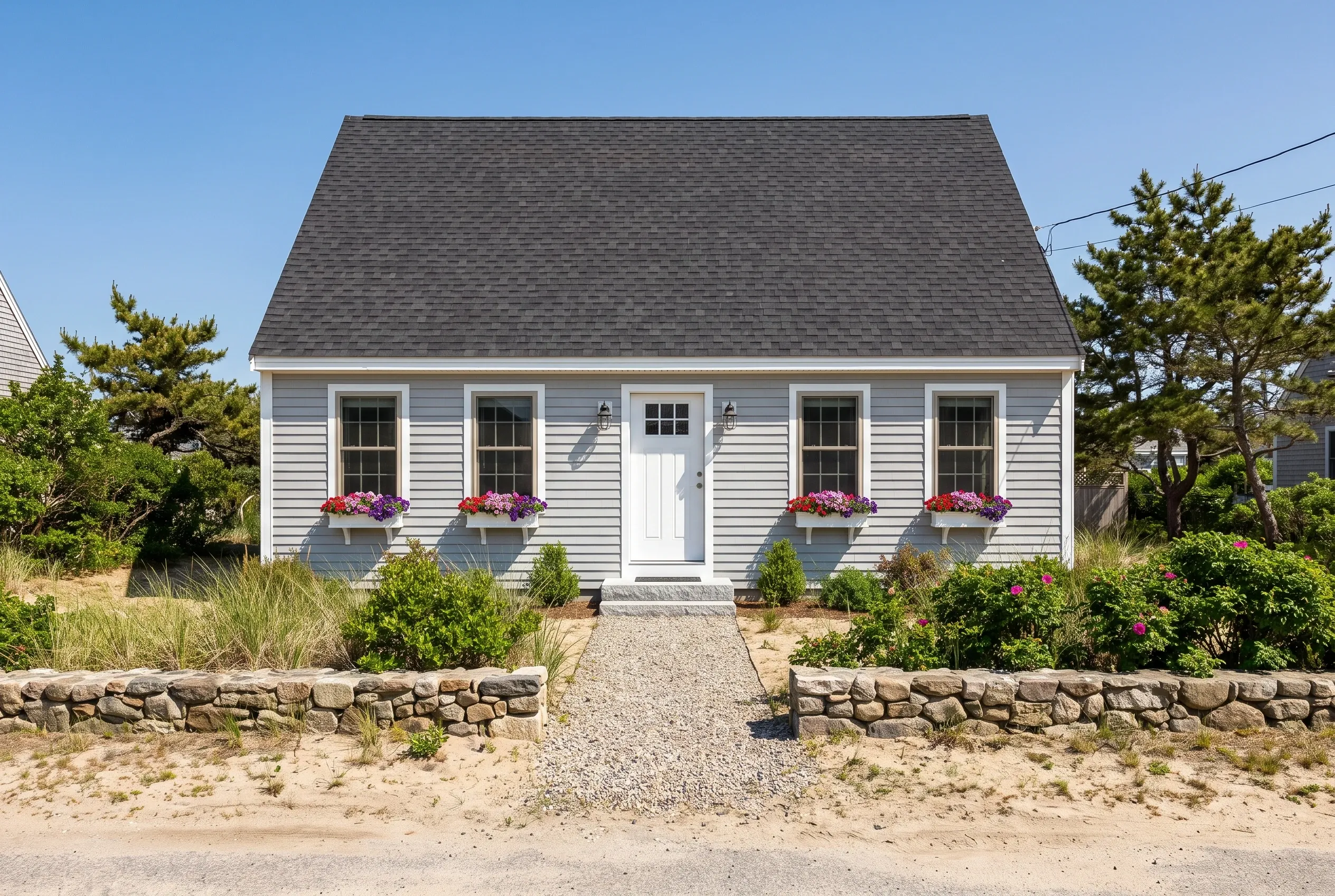 Cape Cod cottage in Old Orchard Beach, ME: White vinyl-sided house with white trim and gray shingled roof, surrounded by stone foundation walls and flowering window boxes, situated on sandy beach property with evergreen trees.