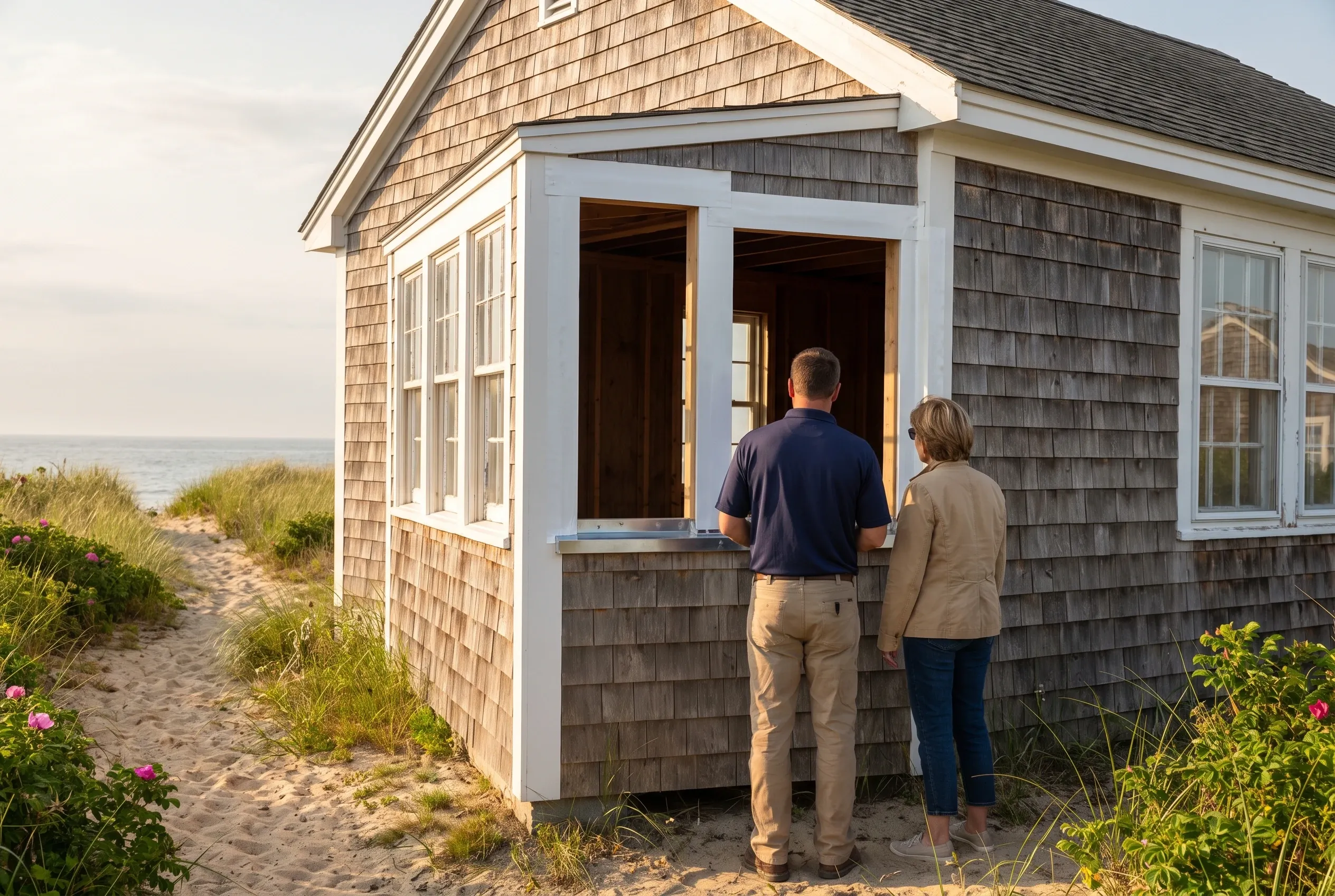 Beach cottage window replacement: Two people stand at an open window of a gray-shingled beach cottage with white trim, situated on sandy ground near beach grass and ocean.