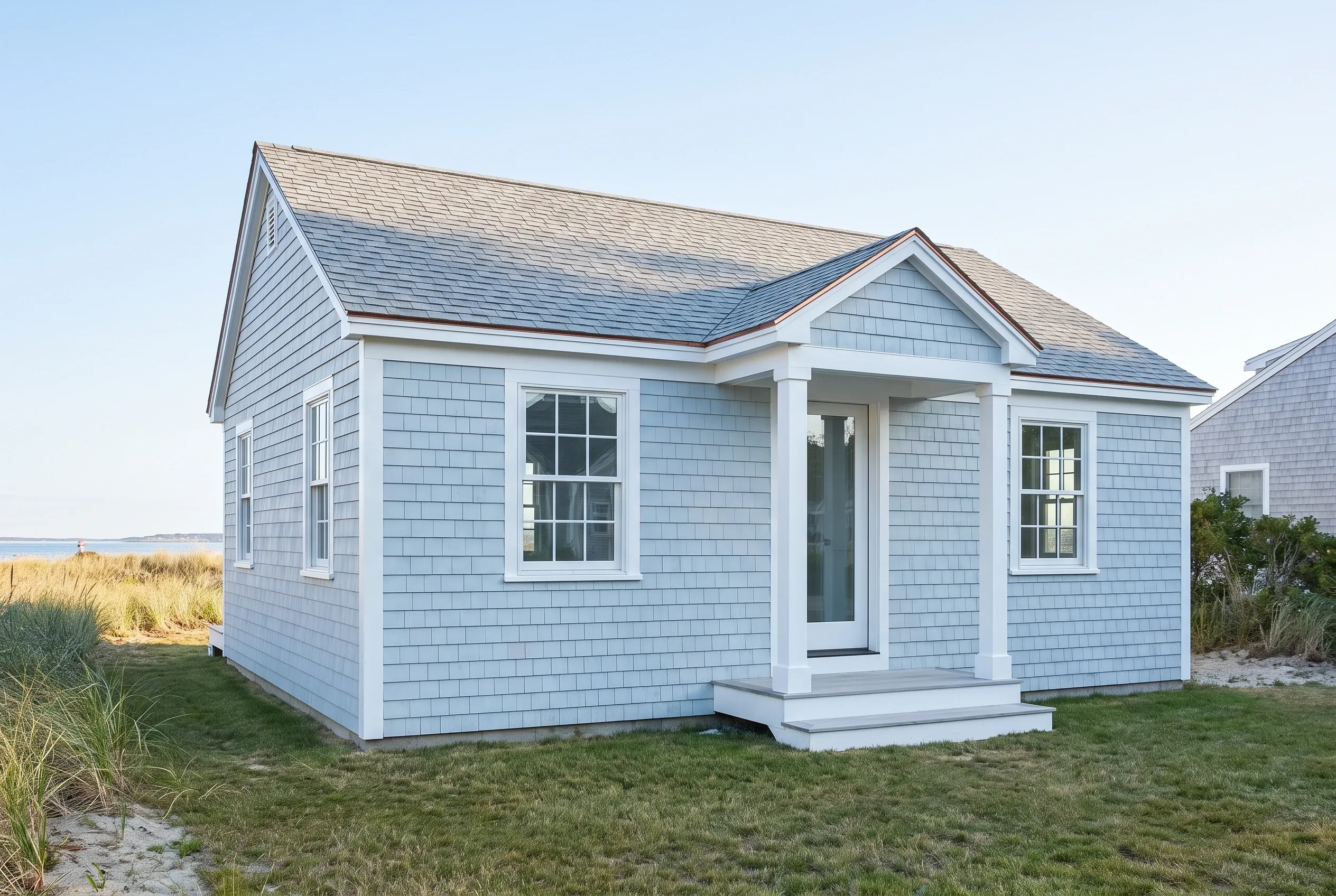 Window replacement in Old Orchard Beach, ME: Light blue cottage with white trim and dark gray roof near beach grass and sand.