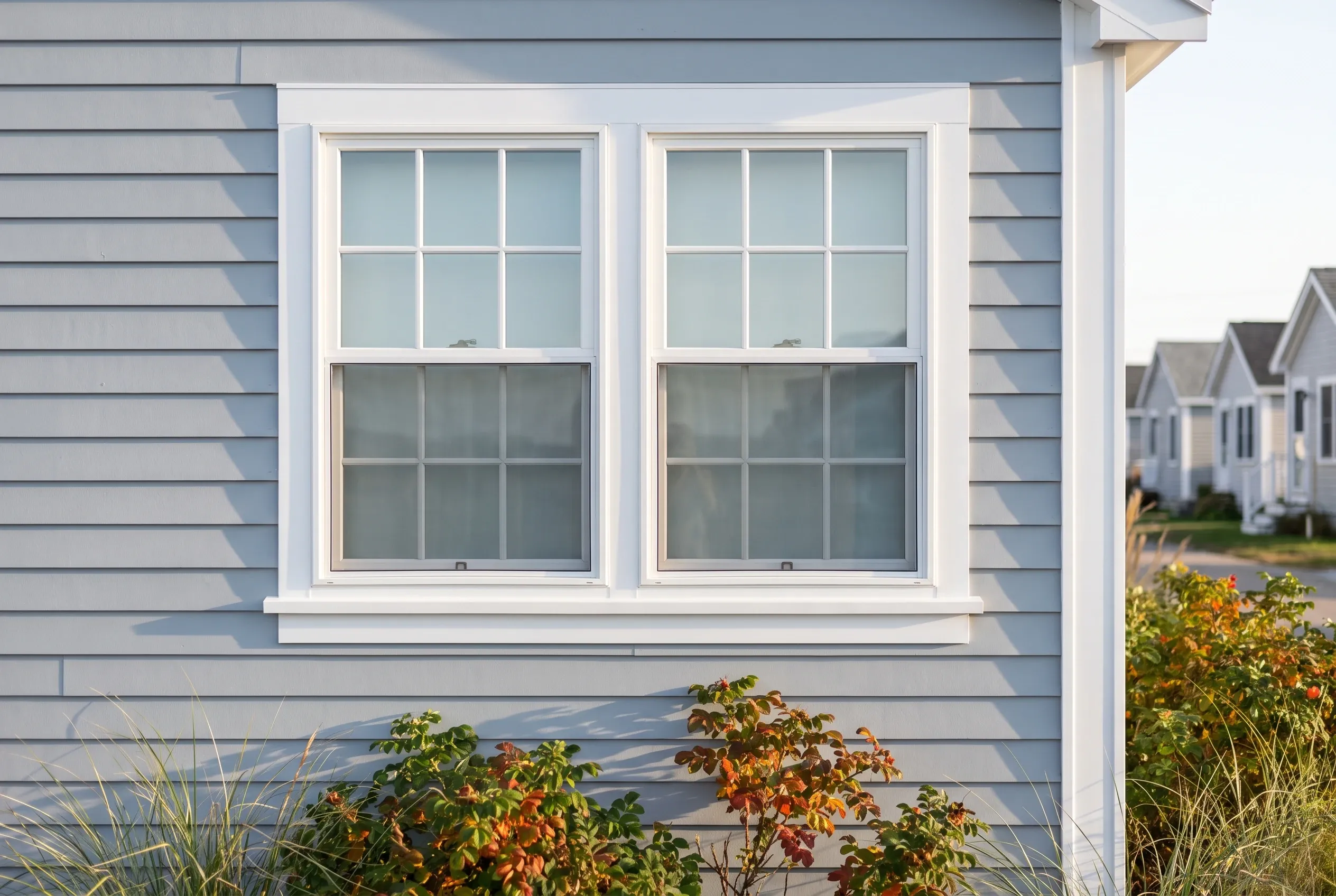 Double-hung windows in Old Orchard Beach, ME: Two white-trimmed windows with grids on a blue-gray sided residential home, with shrubs in foreground and similar houses visible down the street.