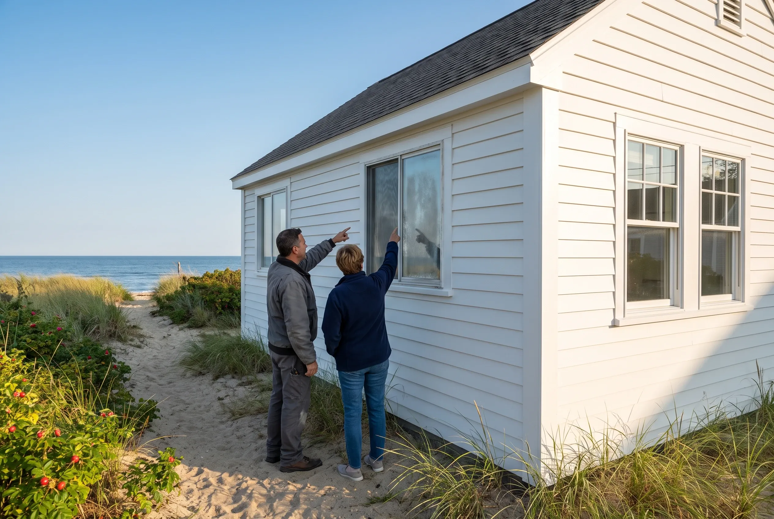 Beachfront cottage window replacement: Two people examine new windows on a white-sided cottage with dark roof near a sandy beach in Old Orchard Beach, Maine.