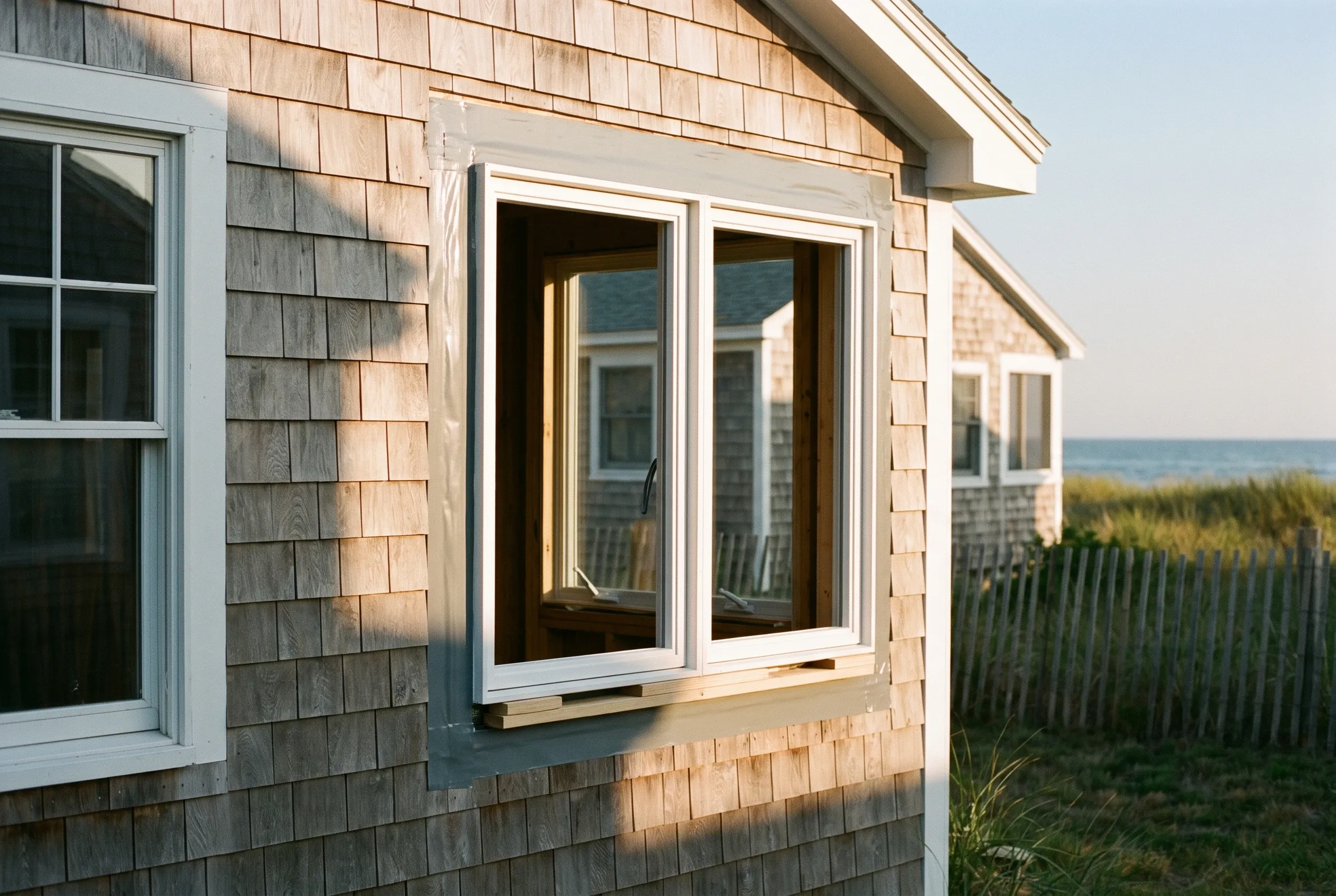 Coastal home with new windows in Old Orchard Beach, ME: A shingled beach house with white-trimmed double-hung and sliding windows, ocean and dune fence visible in background.