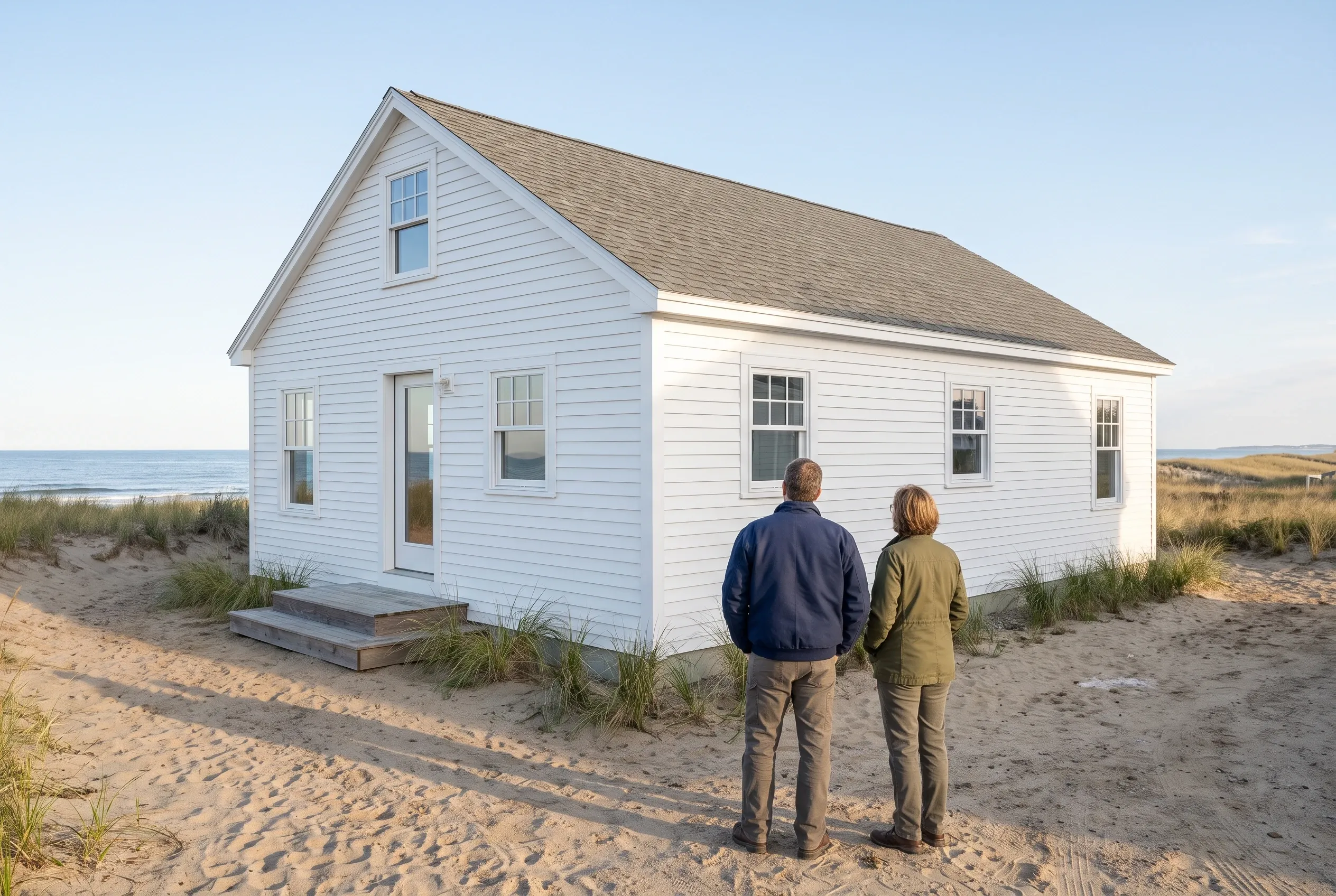 Beach cottage in Old Orchard Beach, ME: White vinyl-sided single-story house with gabled roof and multiple windows, situated on sandy beach with dune grasses. Two people in jackets stand viewing the cottage.