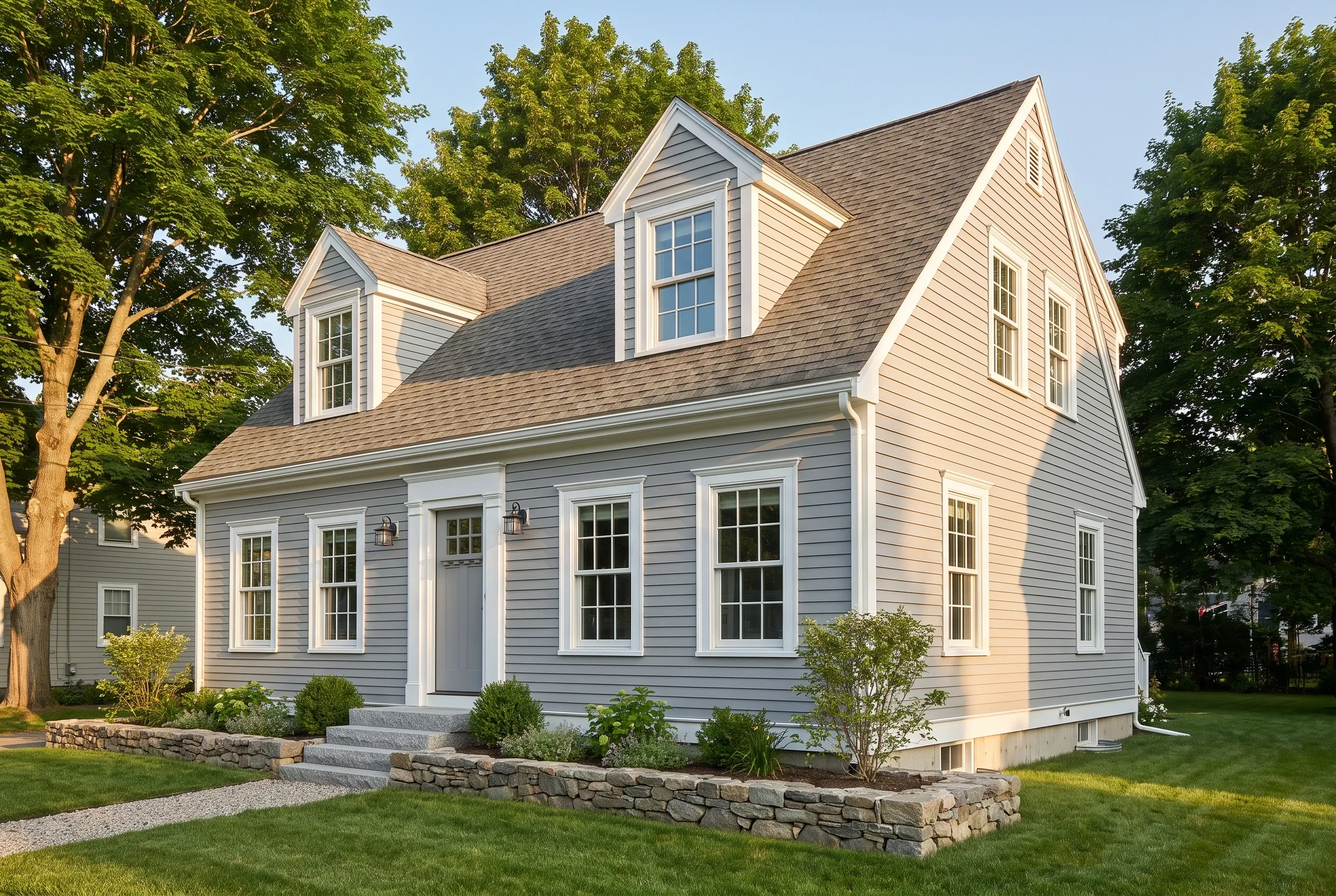 Renovated Colonial Home in Portland, ME: Light gray sided two-story house with white trim and dormer windows, stone foundation, manicured lawn with landscaping, surrounded by mature trees.
