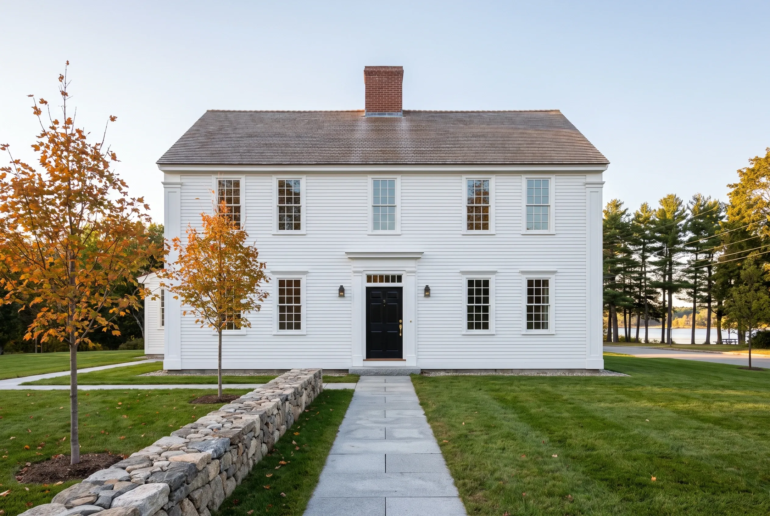 White colonial home in Portland Maine: Two-story white house with black door and multiple windows, brick chimney, gray roof, stone wall border, concrete walkway, autumn trees, green lawn.