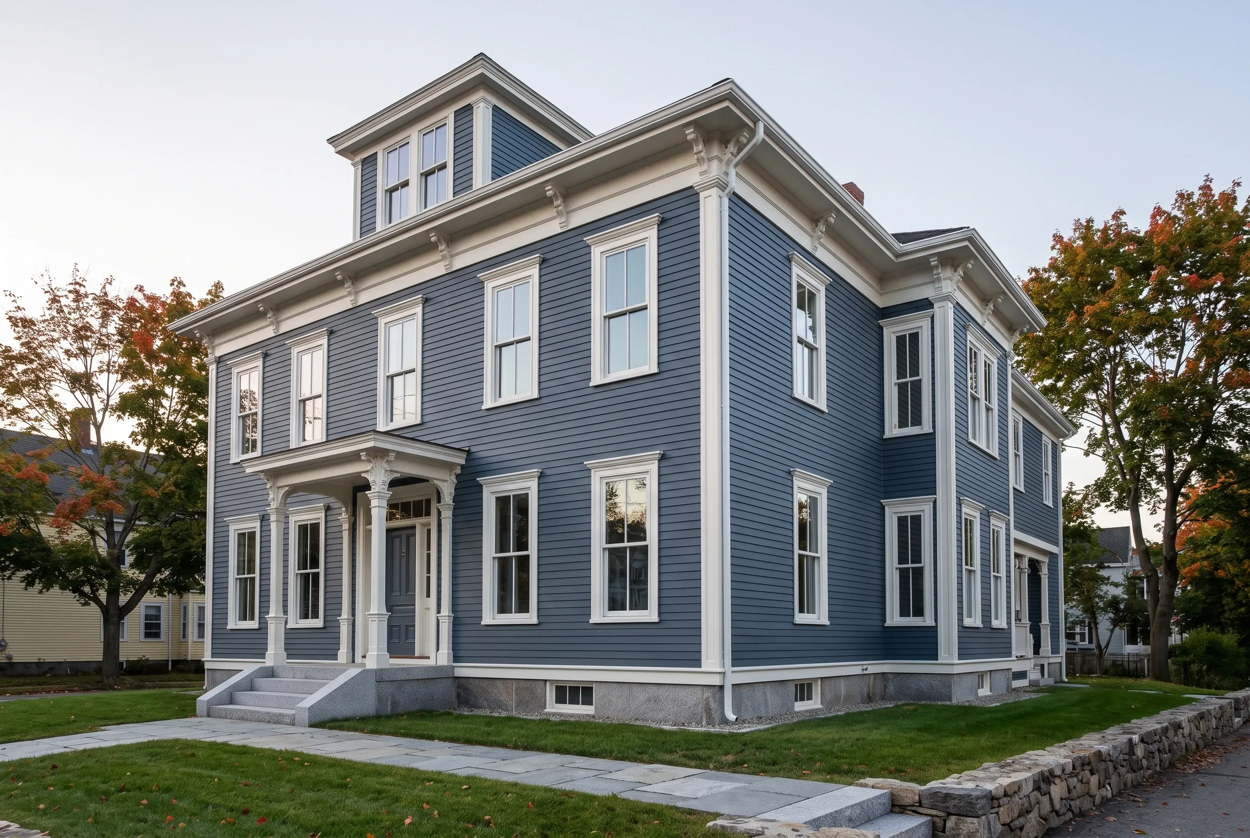 Window replacement in Portland, ME: Blue two-story house with white trim and dark roof, surrounded by trees with fall foliage.