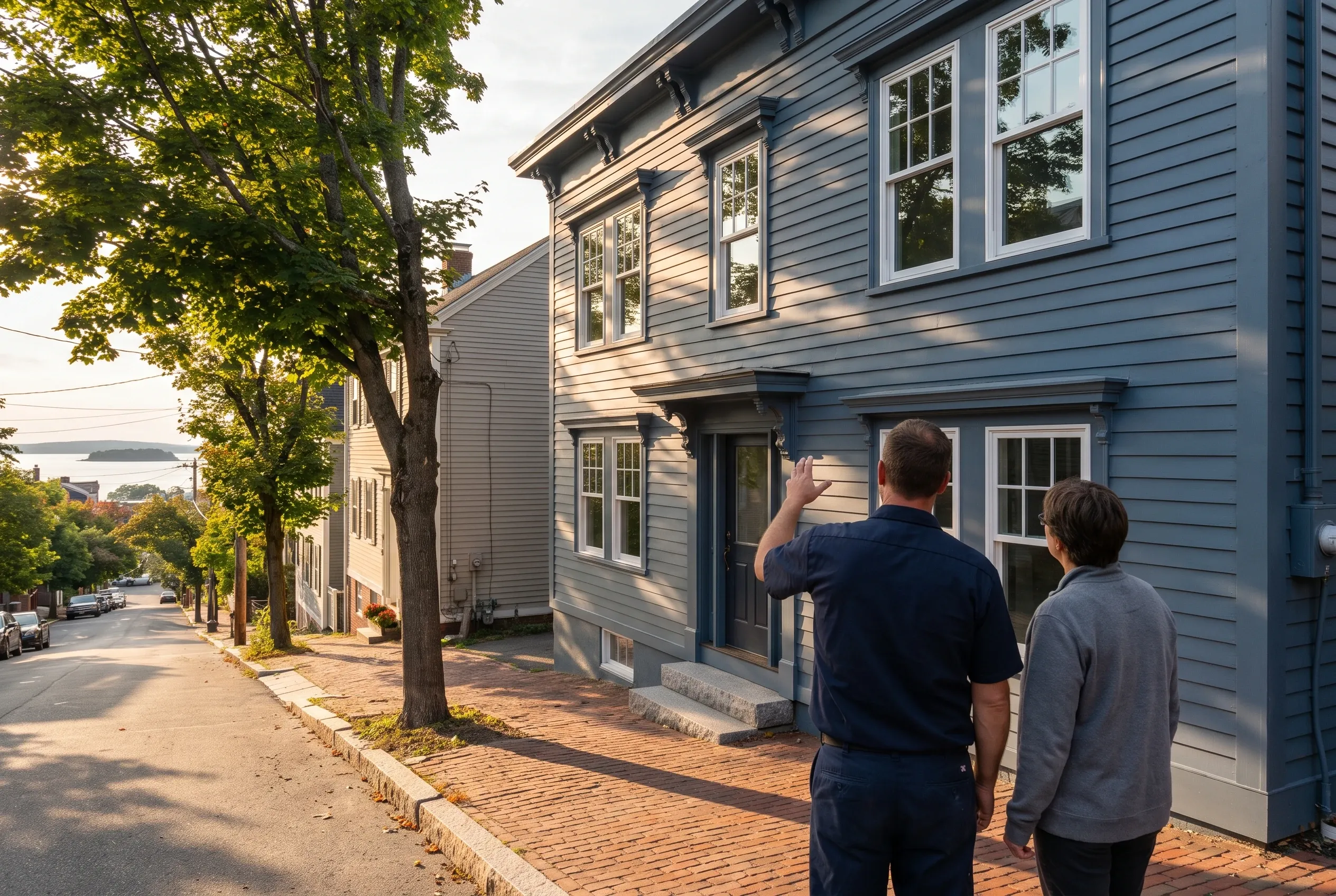 Blue colonial home in Portland ME: Two people stand on brick walkway viewing the front of a two-story blue-sided house with white trim windows and dark roof along a tree-lined street.