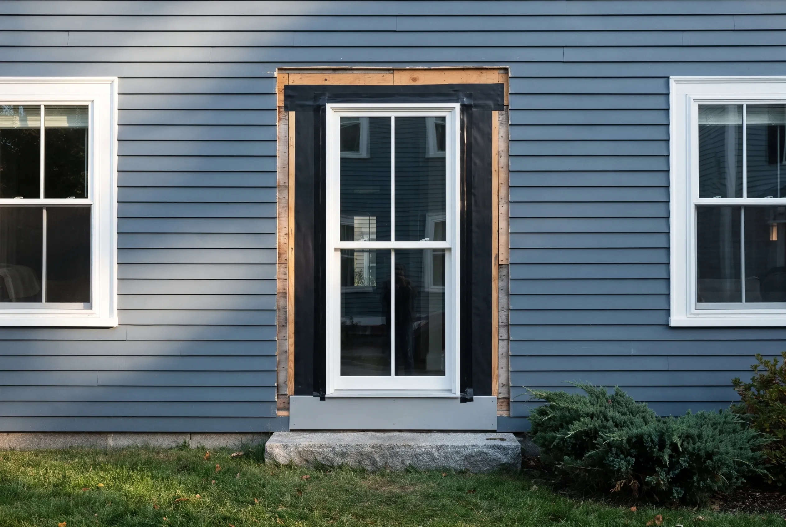 New entry door installation on blue sided home in Portland, ME: A residential house with blue horizontal siding features a new white-framed glass door with wood and black trim, flanked by two white-trimmed windows.