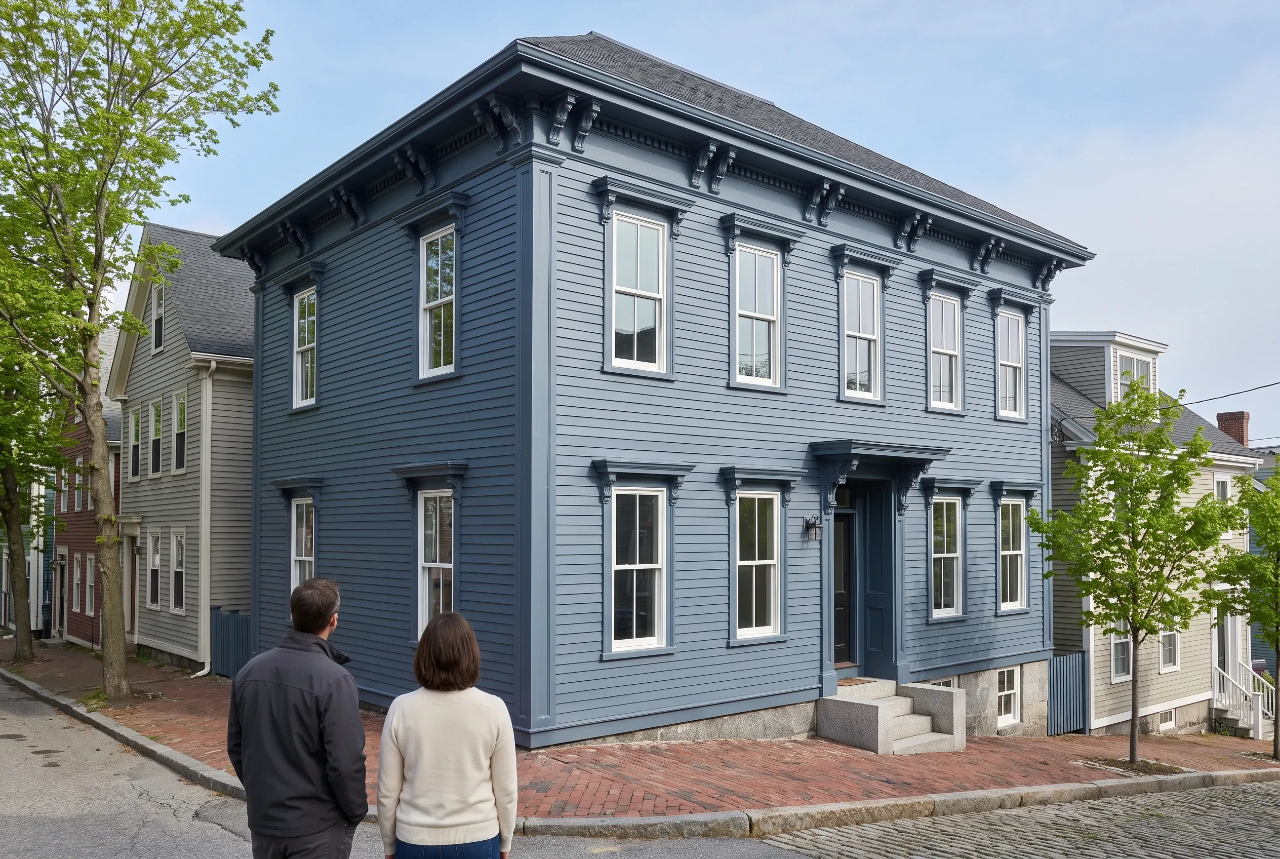 Re-sided Colonial in Portland, ME: Two people view a blue-gray two-story house with white-trimmed windows, dark roof, and brick foundation on a brick-paved street.