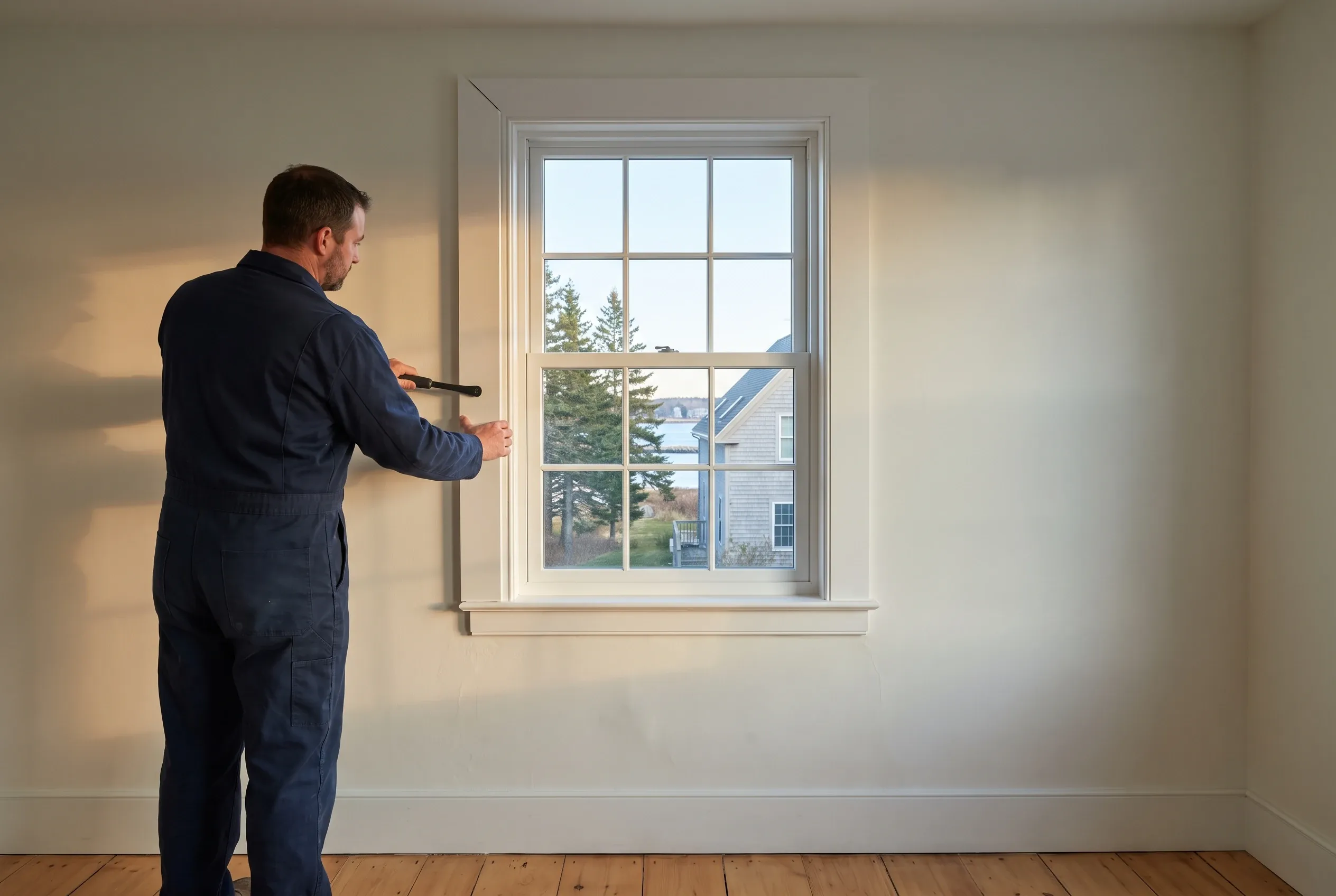 Window Installation in Portland, ME: Contractor in navy coveralls measuring a double-hung window with white trim in a cream-colored room, with suburban homes and evergreen trees visible outside.