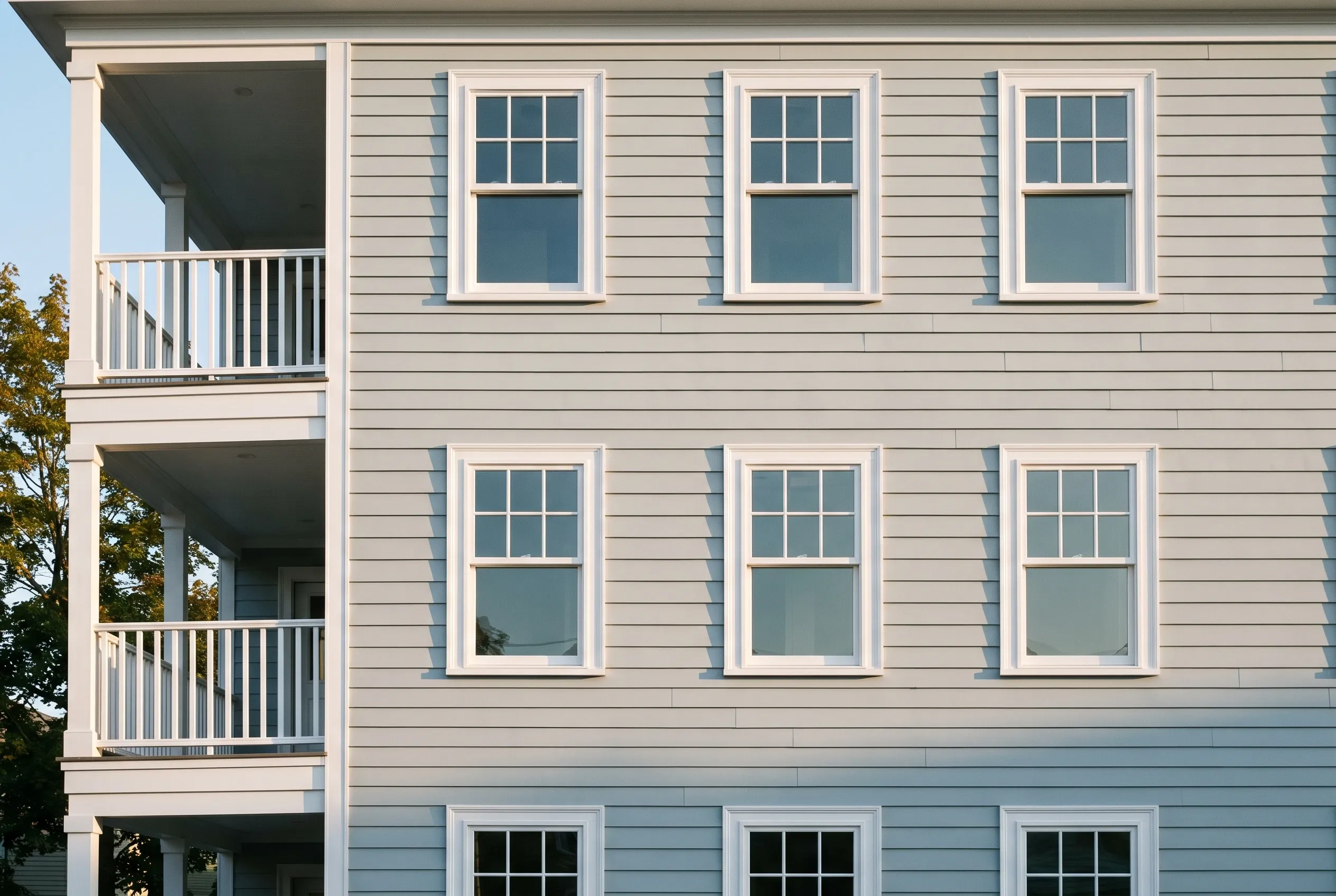 Three-story residential building in Portland, ME: Light gray horizontal siding with white-trimmed windows arranged in three rows. Building features two white railings on left side balconies. Clear blue sky visible above.