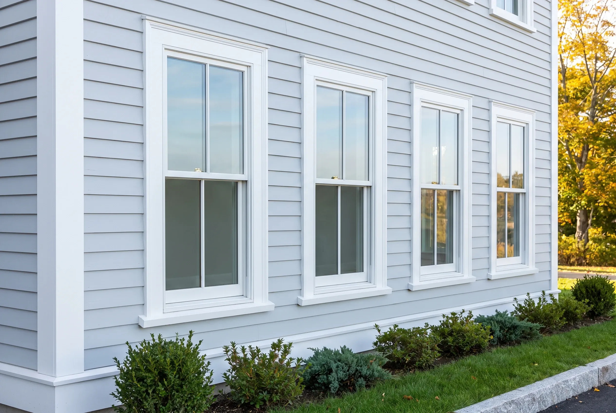 Modern home with new windows in Portland ME: White vinyl-sided house with four large double-hung windows with white trim, green shrubs below, autumn trees in background.