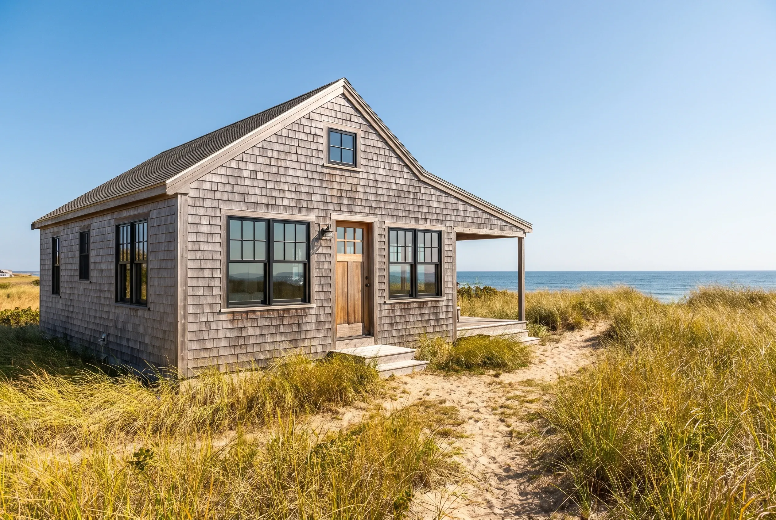 Beach cottage in Saco, Maine: Small single-story house with gray shingled siding and wooden trim, pitched roof, multiple windows, and open porch, surrounded by beach grass and sand with ocean visible in background.