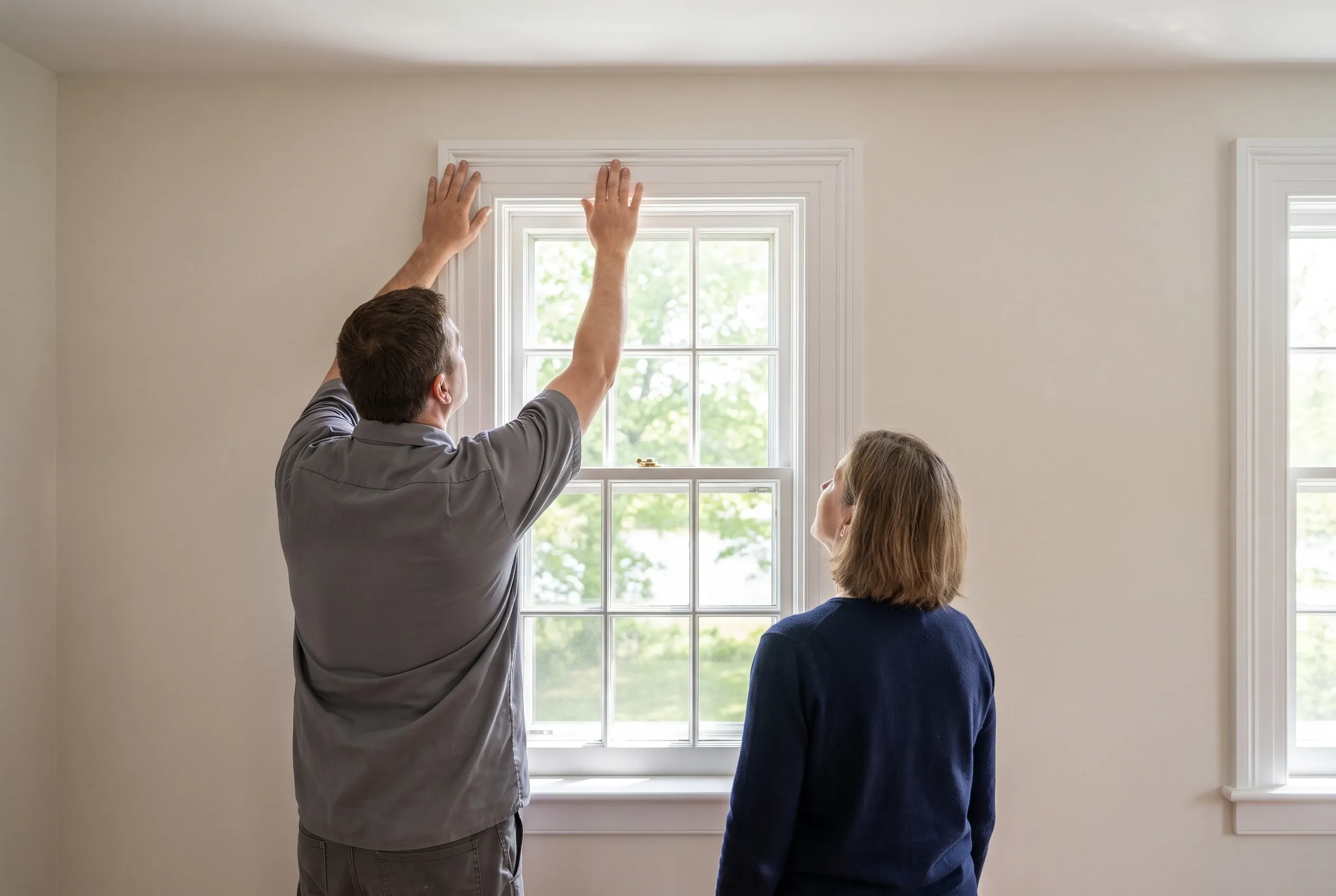 Interior home inspection, Saco ME: Man and woman viewing new window installation in room with beige walls and white trim.