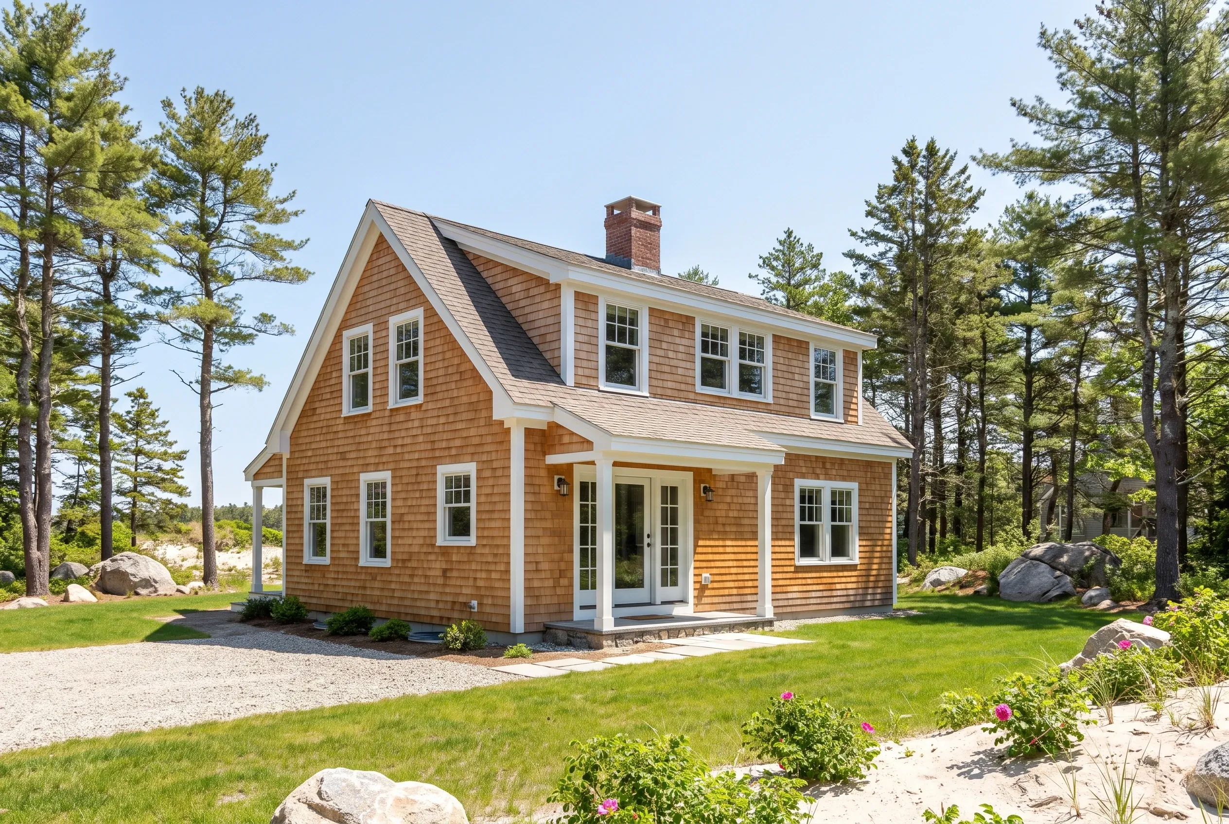 Modern cedar shake cottage in Saco, Maine: Two-story home with tan wood shingle siding, white trim, and dark roof surrounded by tall pine trees, green lawn, and boulders.