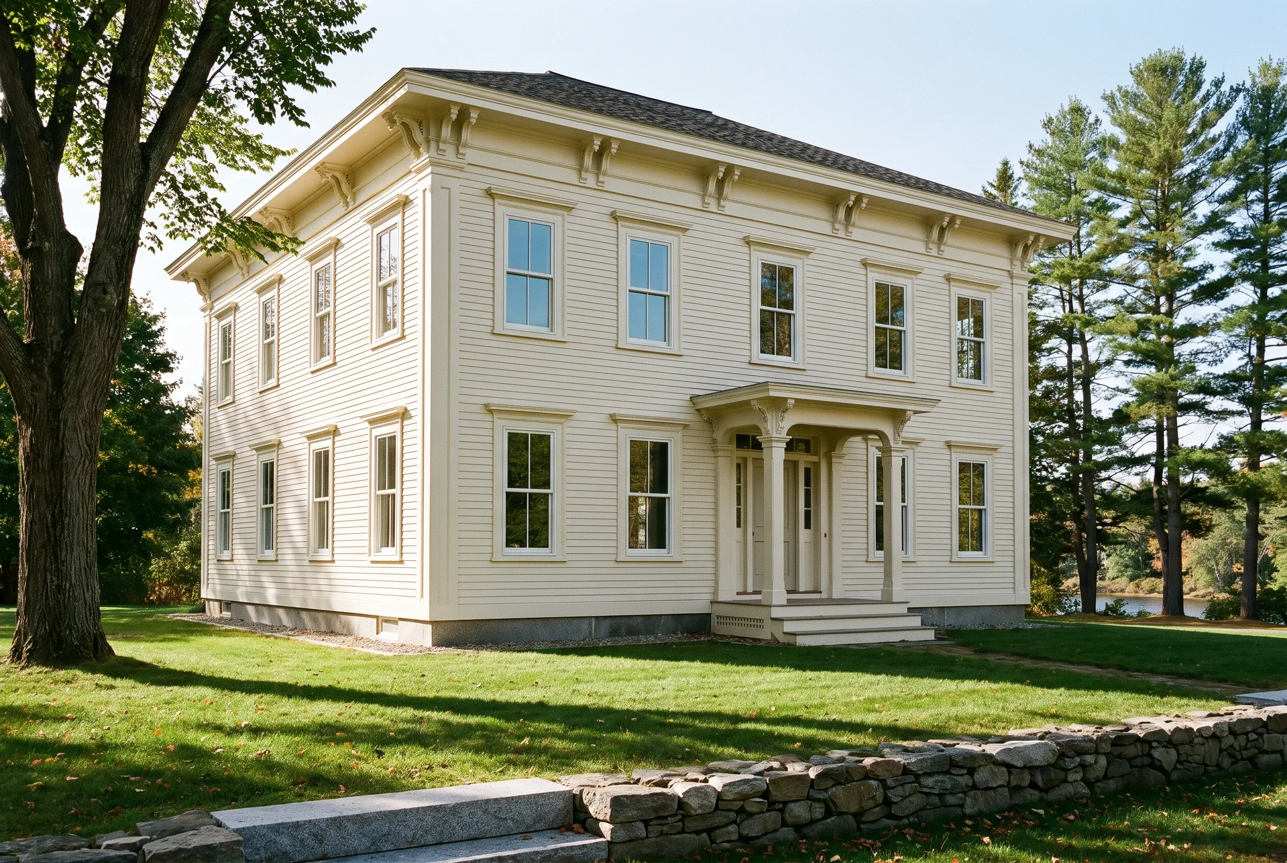 Window replacement in Saco, ME: Two-story white vinyl-sided house with tan trim and dark roof in wooded setting with large tree and stone wall.