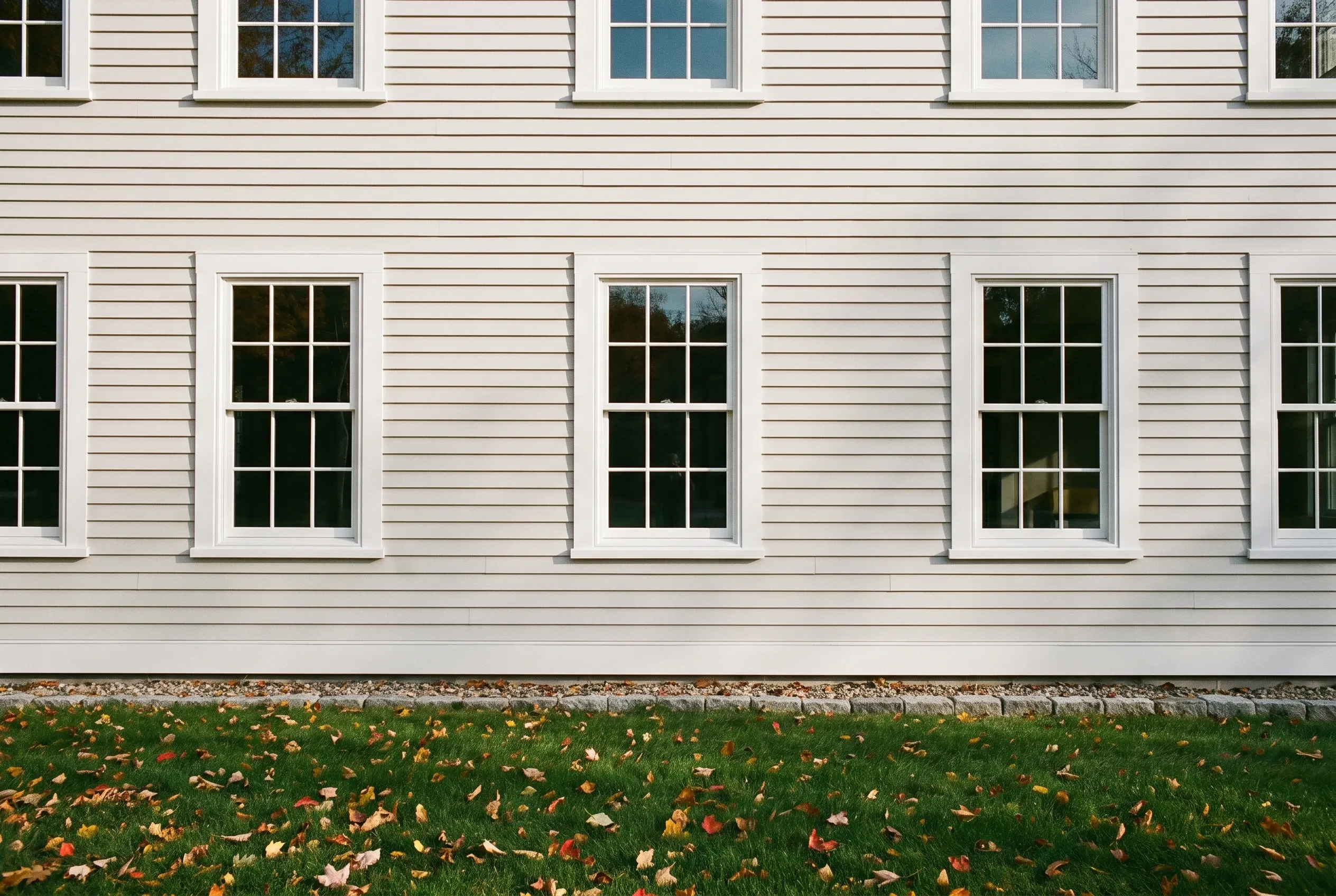 White house exterior in Saco ME: Two-story white vinyl-sided house with white-trimmed double-hung windows in a 3x3 grid pattern, stone foundation visible, green lawn with fallen autumn leaves in foreground.