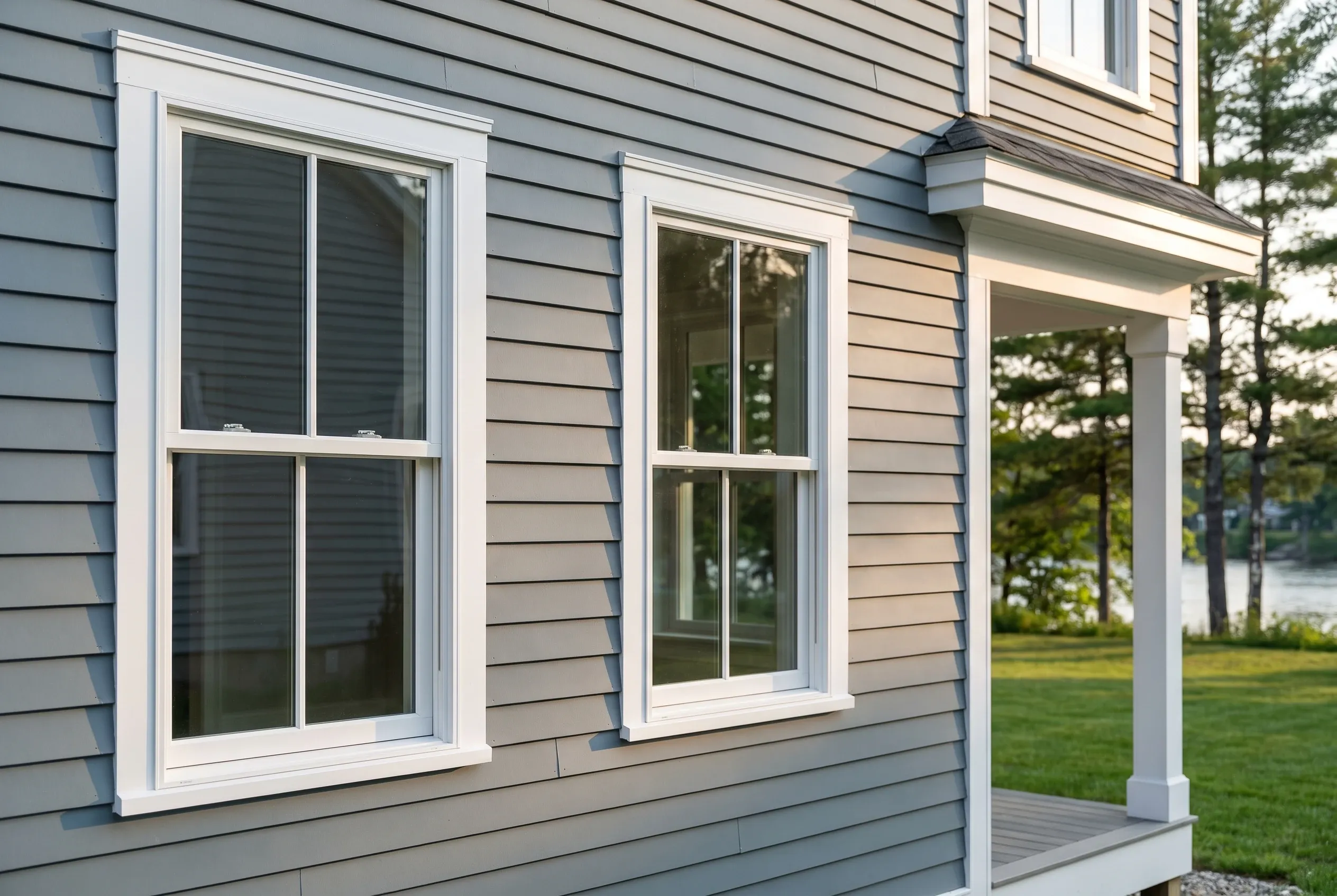 Double-hung windows on gray house in Saco, ME: Two white-trimmed windows with dark panes on gray horizontal siding, pitched roof visible, white porch column, lawn and trees beyond.