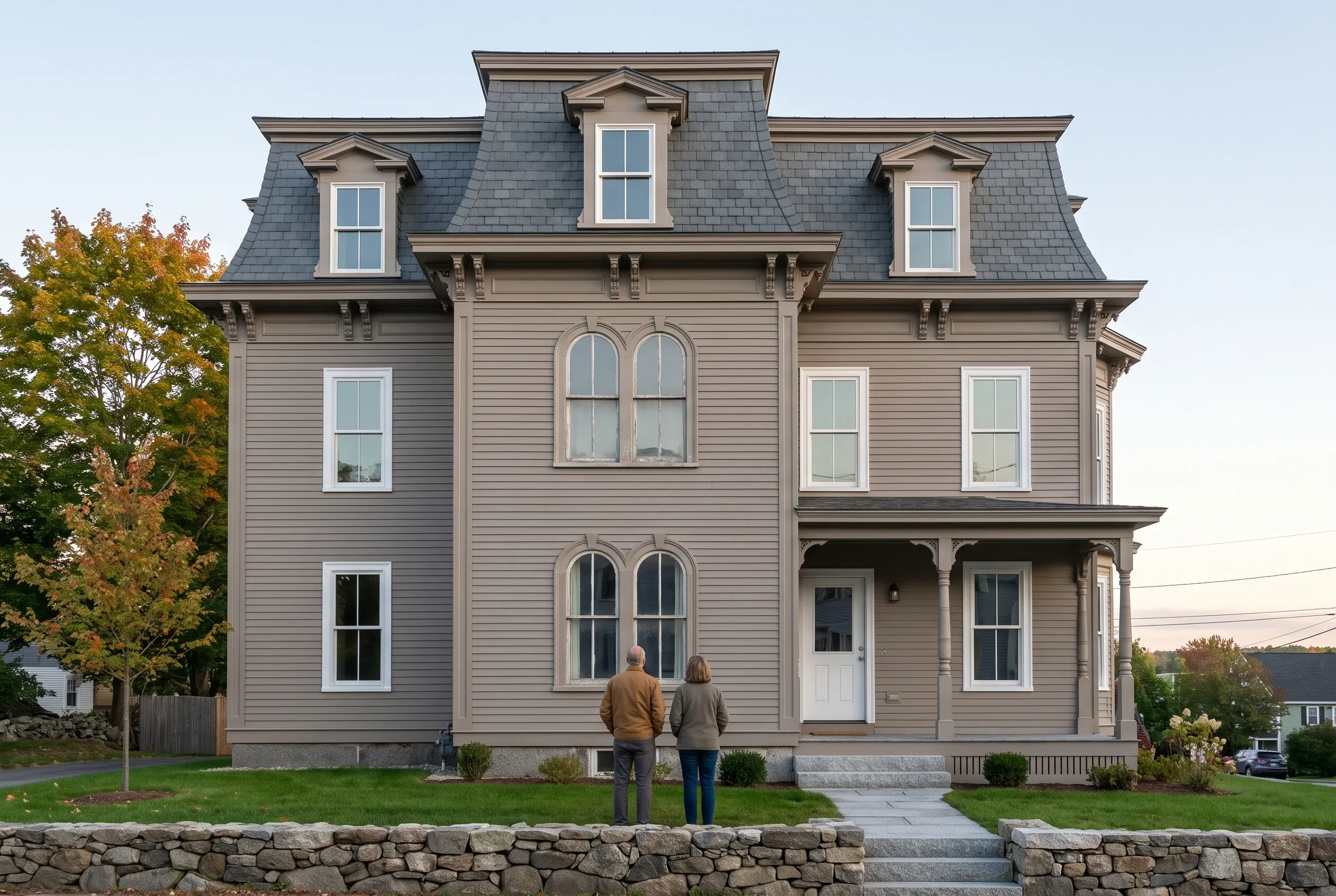 Victorian home in Saco, Maine: Tan vinyl-sided house with mansard roof, white-trimmed windows, and stone foundation. Two people stand facing the front entrance.