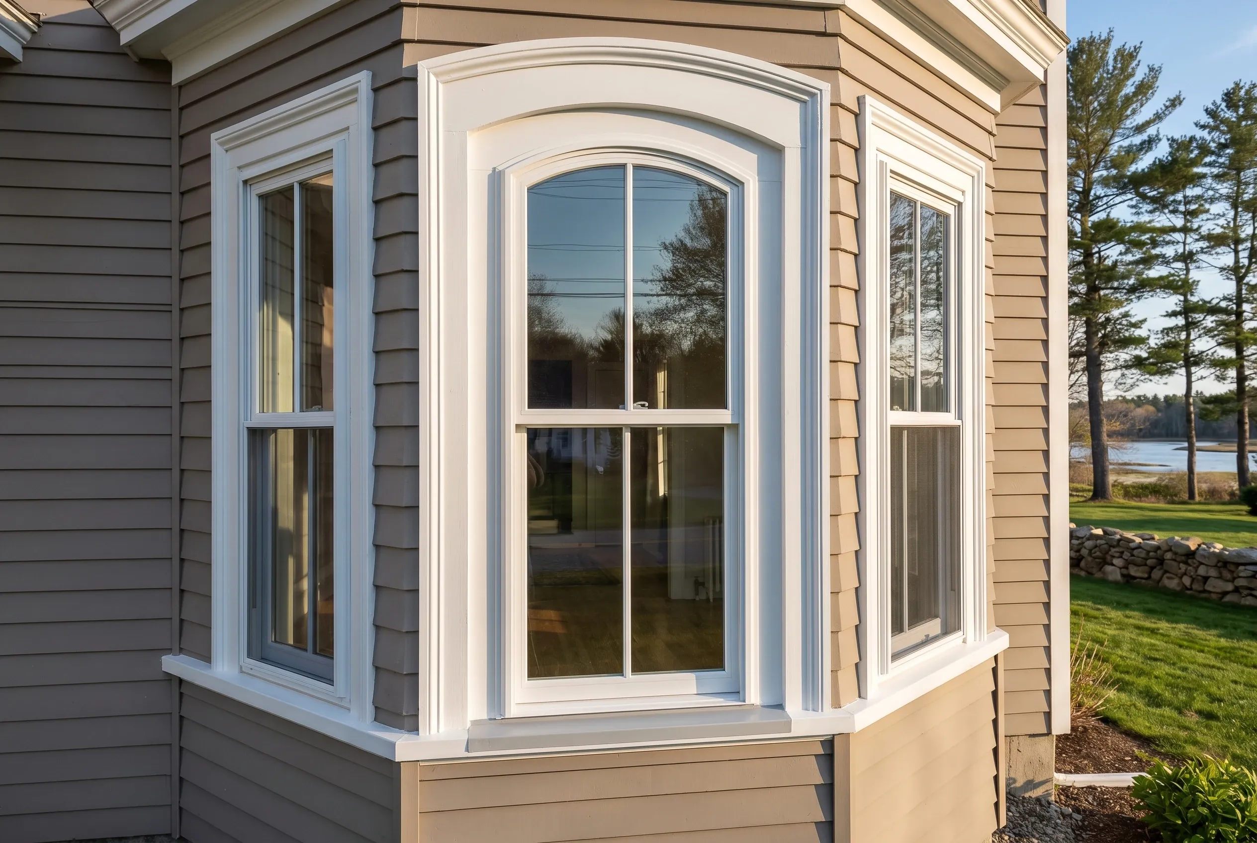 Bay window installation in Saco, ME: White-trimmed arched bay window with multiple panes on tan-sided house overlooking waterfront with trees and lawn.