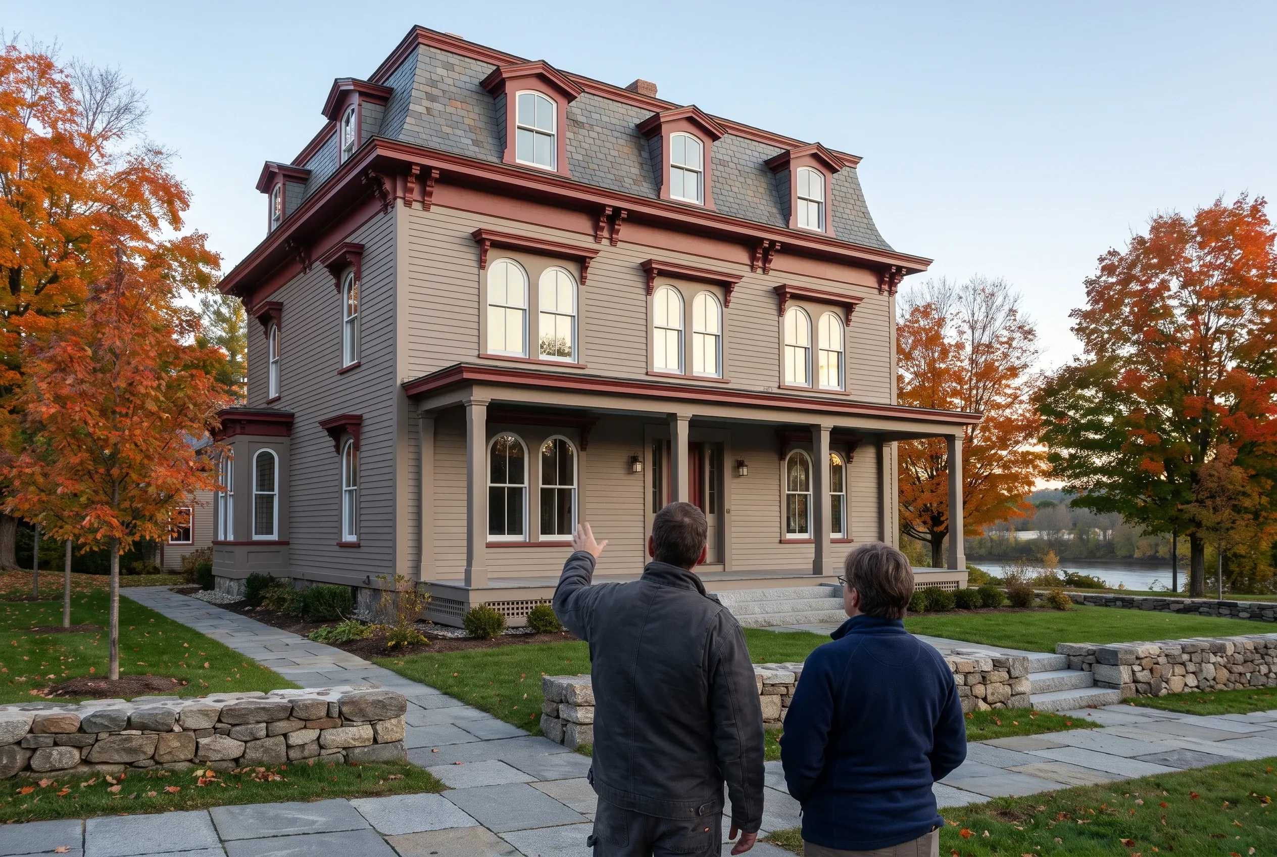 Historic home in Saco, ME: Two people stand on a stone walkway facing a two-story house with cream-colored siding, burgundy trim, and a mansard roof with dormer windows. Fall foliage surrounds the property, with a river visible in the distance.
