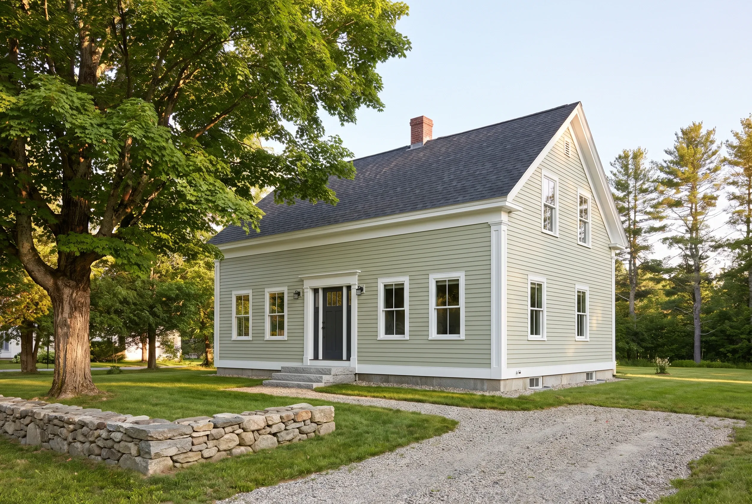 Re-sided farmhouse in Sanford, ME: Light gray vinyl-sided house with white trim, dark roof, and brick chimney surrounded by large trees and stone wall.