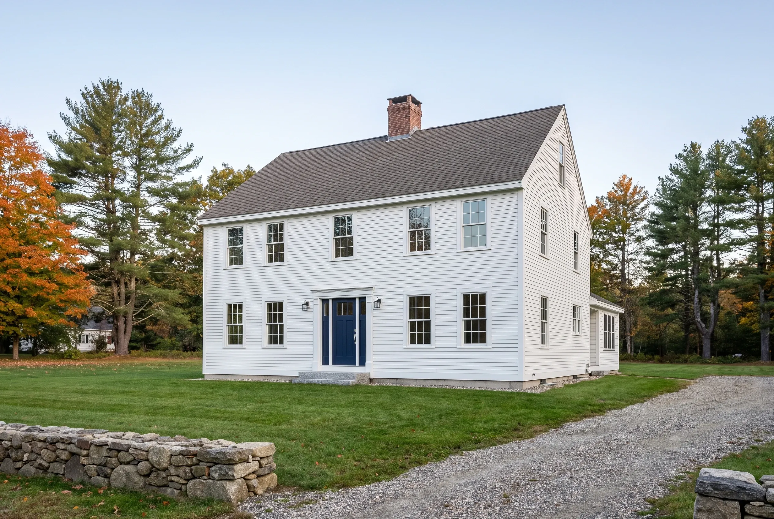 White colonial house in Sanford, ME: Two-story white vinyl-sided house with dark gray roof, black front door, multiple windows, brick chimney, surrounded by lawn and pine trees in fall.