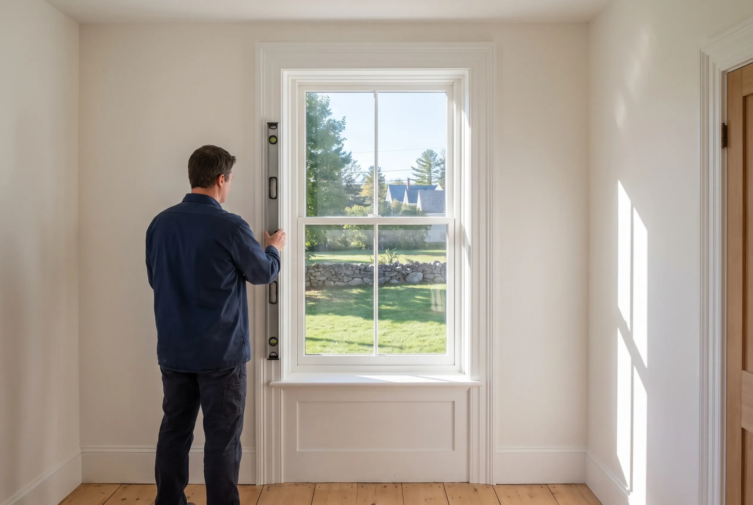 New window installation in Sanford, ME: Man in dark jacket viewing newly installed white-trimmed window with grid panes overlooking green lawn, stone wall, and houses with peaked roofs in rural setting.