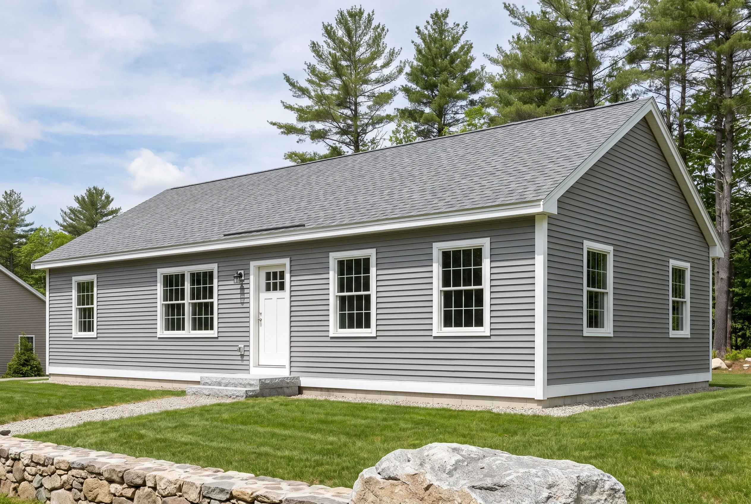 Window replacement in Sanford, ME: Gray ranch-style house with white trim and gray shingle roof surrounded by tall pine trees and green lawn.