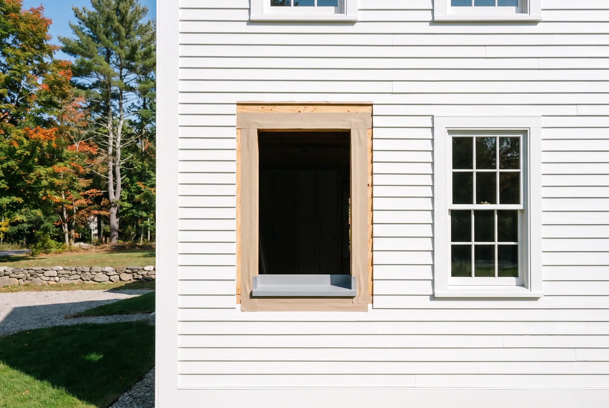 White house with new window and door: Modern white-sided residential building with natural wood trim around a new door opening and adjacent window, autumn trees visible in background.