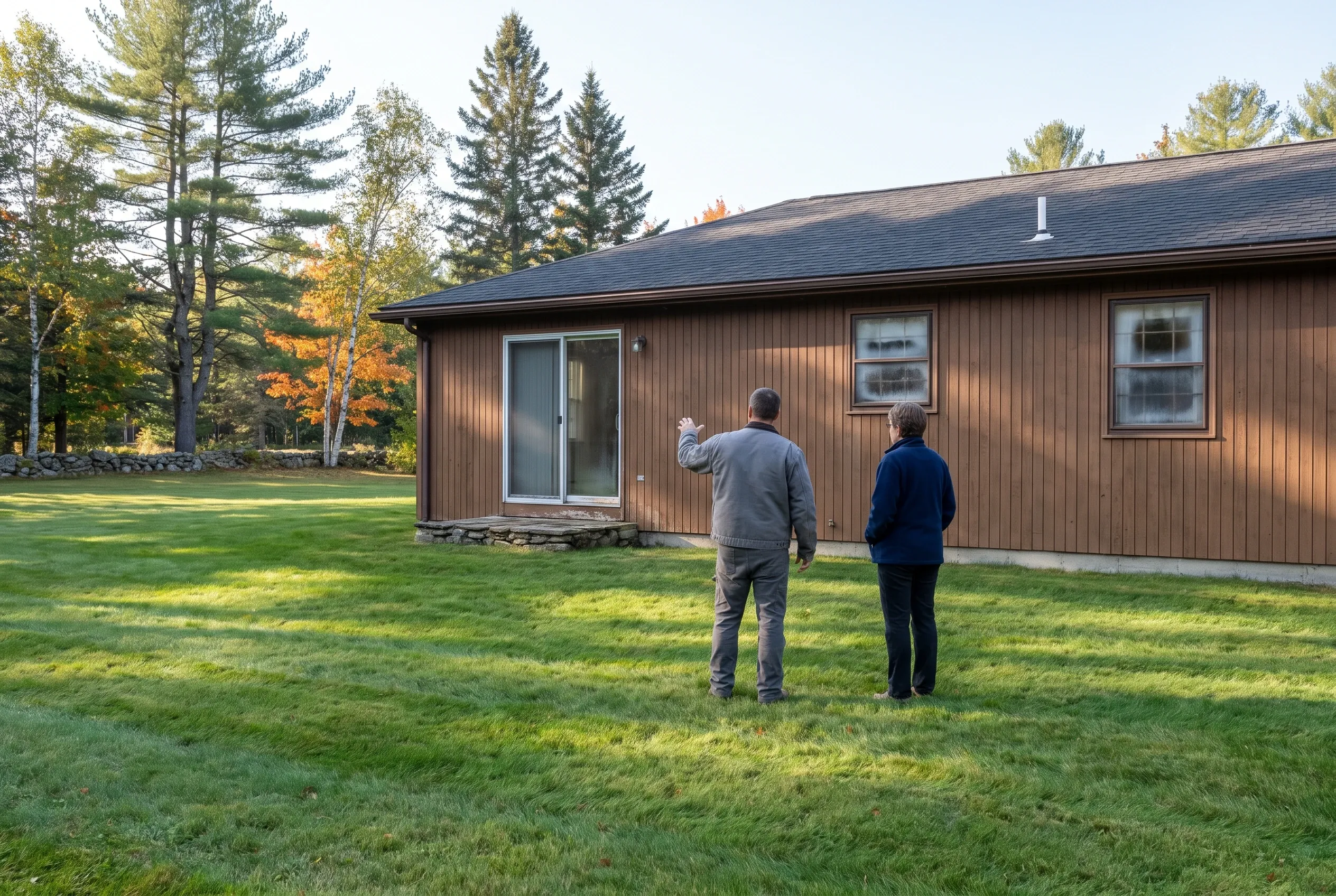 Brown Cottage with New Windows in Sanford, ME: Two people stand on lawn facing a brown vertical-sided cottage with new white-trimmed windows and dark roof, surrounded by tall trees in fall.