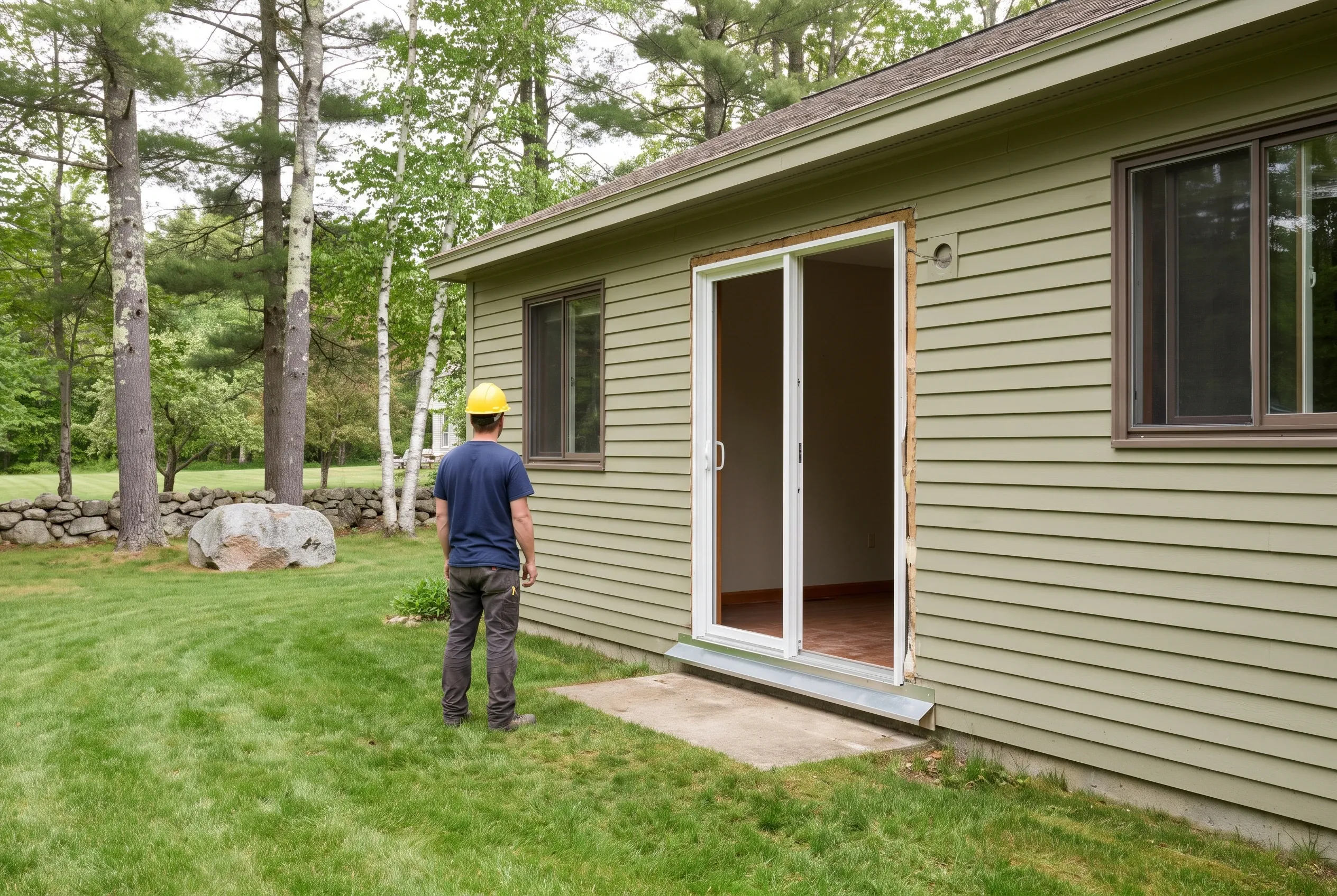 Sliding glass door installation on ranch home in Sanford, ME: Worker in yellow hard hat and dark shirt stands on lawn facing open white-framed patio doors on tan vinyl-sided ranch house with brown roof, surrounded by tall pine and birch trees.