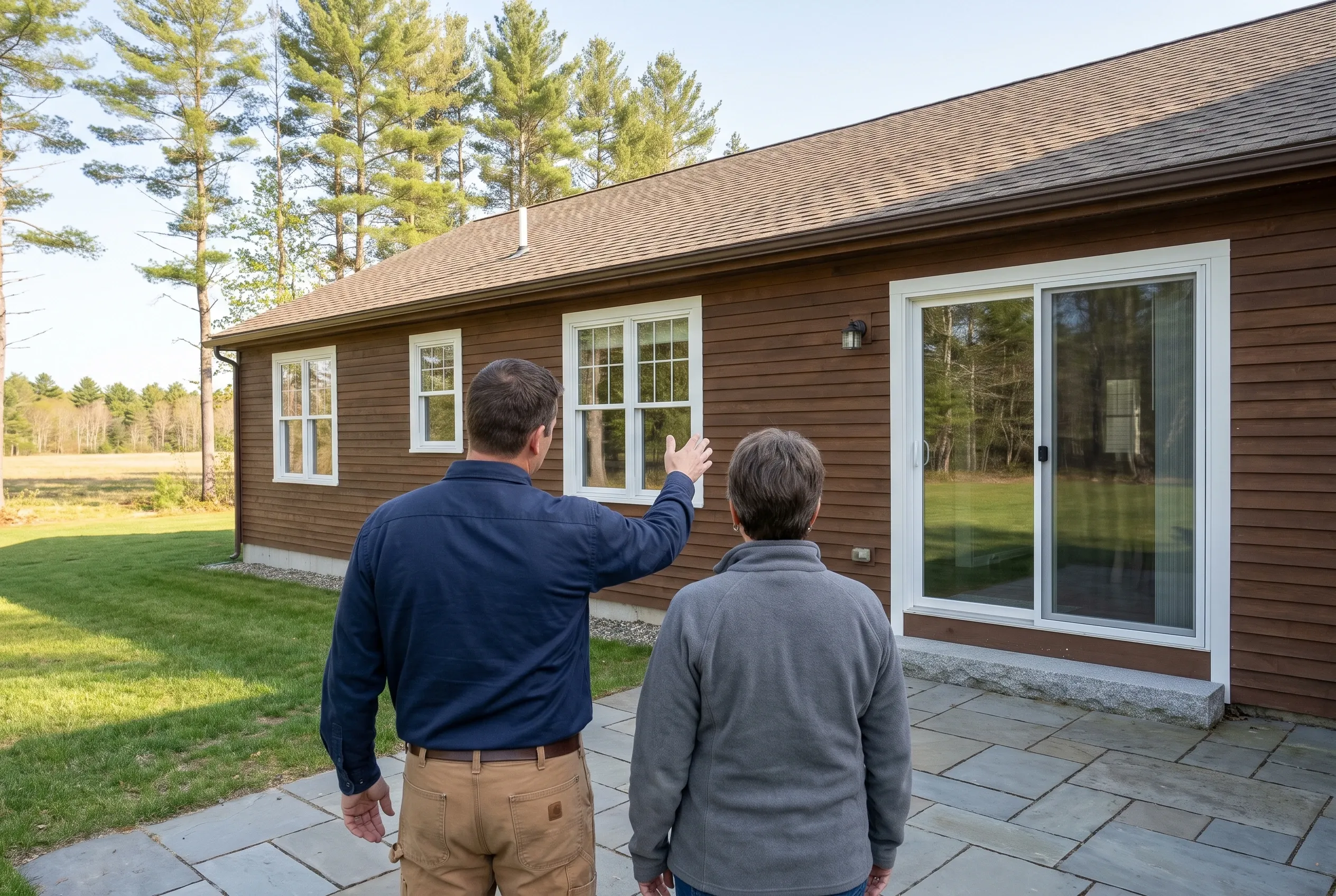 New England home exterior in Sanford, ME: Two men standing on patio examining brown-sided ranch house with white-trimmed windows and sliding glass doors, surrounded by pine trees.