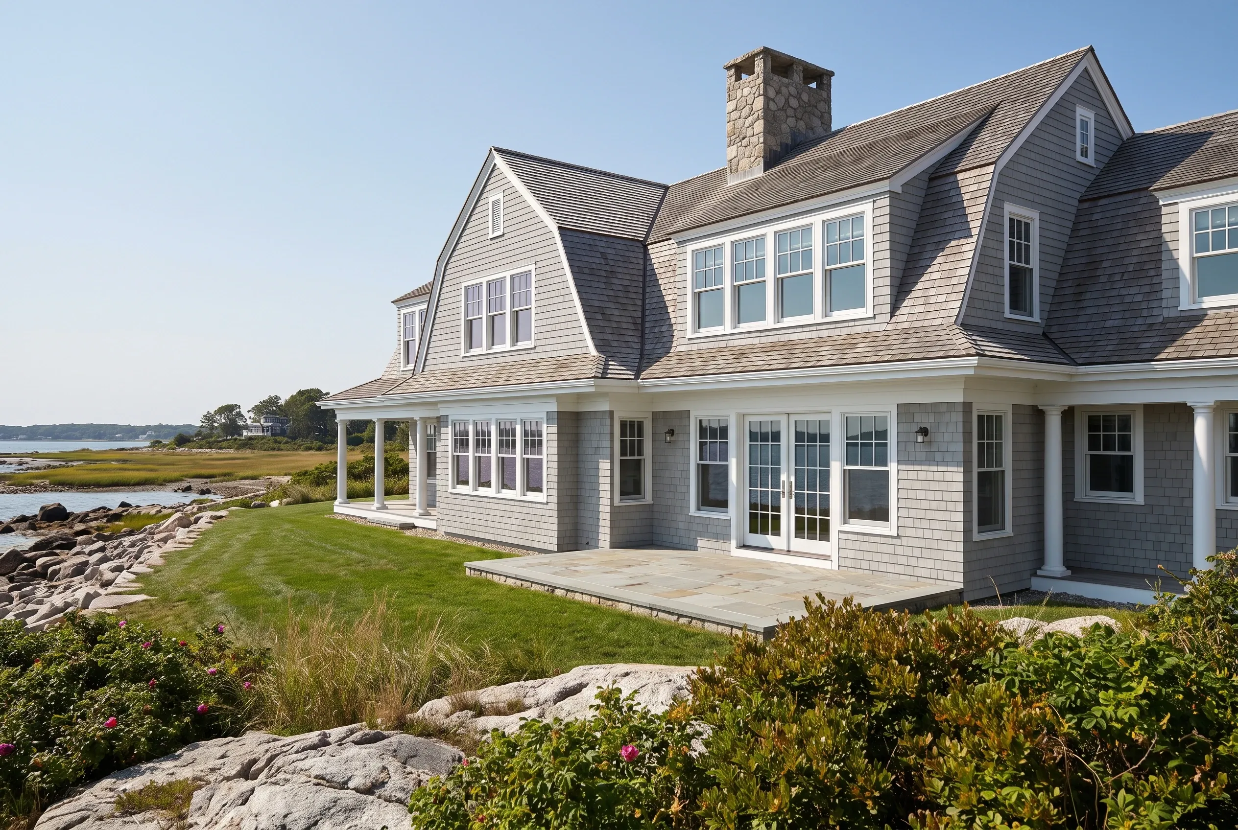 Waterfront shingle-style home in Scarborough, ME: Two-story house with light gray cedar shingle siding, white trim, and dark gray roof with dormers overlooking water and rocky shoreline.