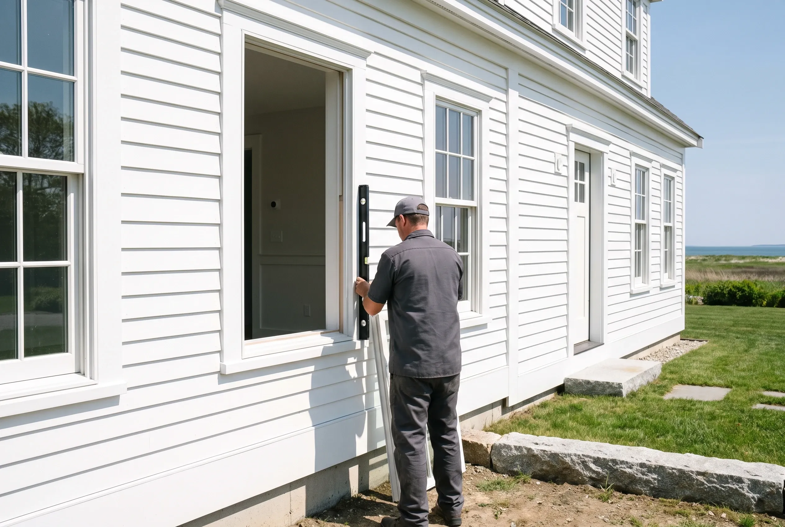 White ranch with new windows: Man in dark clothing and cap stands at open door of white horizontal-sided house with white trim and gray roof, surrounded by green lawn and ocean view.