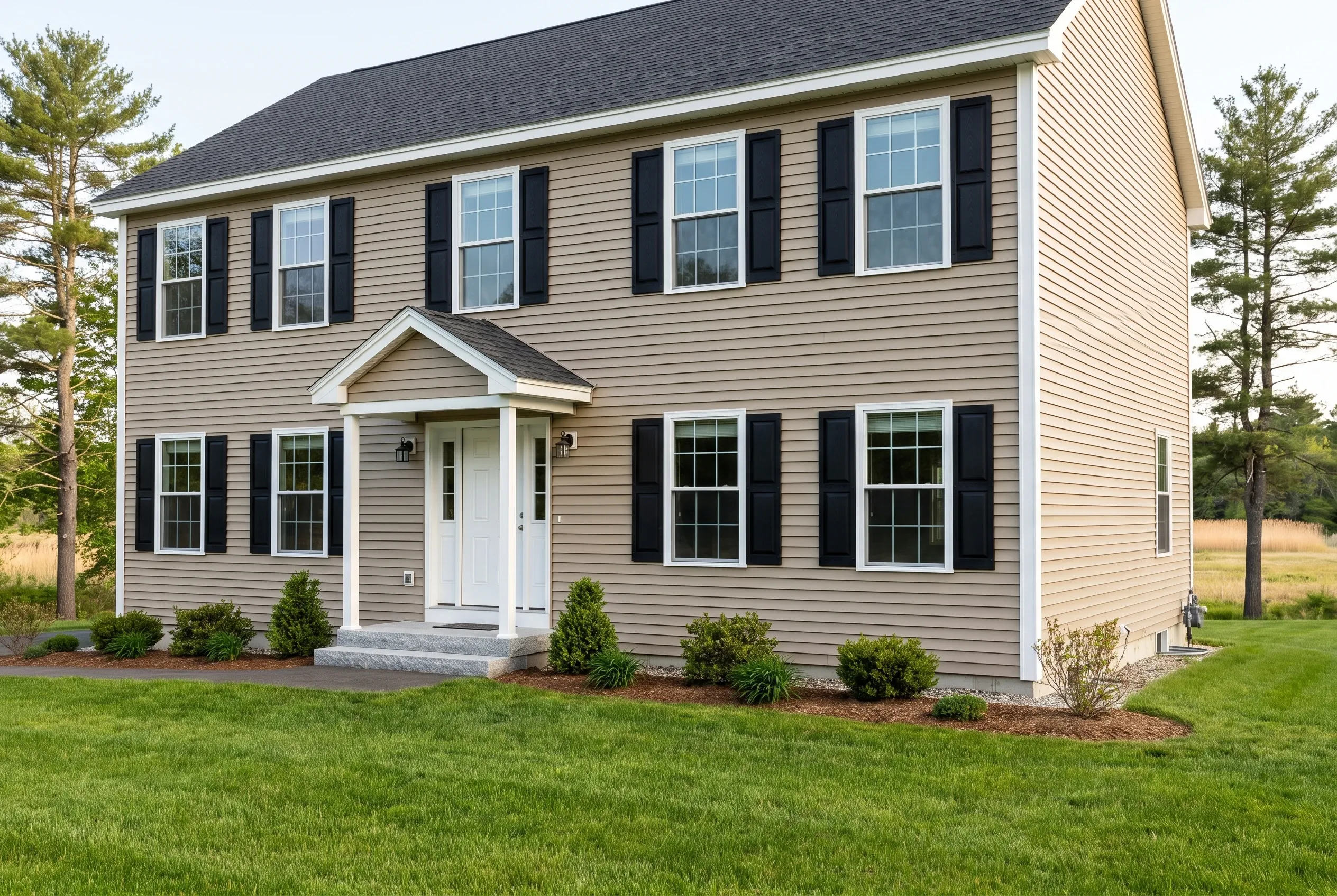 Window replacement in Scarborough, ME: Two-story colonial home with tan vinyl siding, black shutters, white trim, dark roof, surrounded by lawn and pine trees.