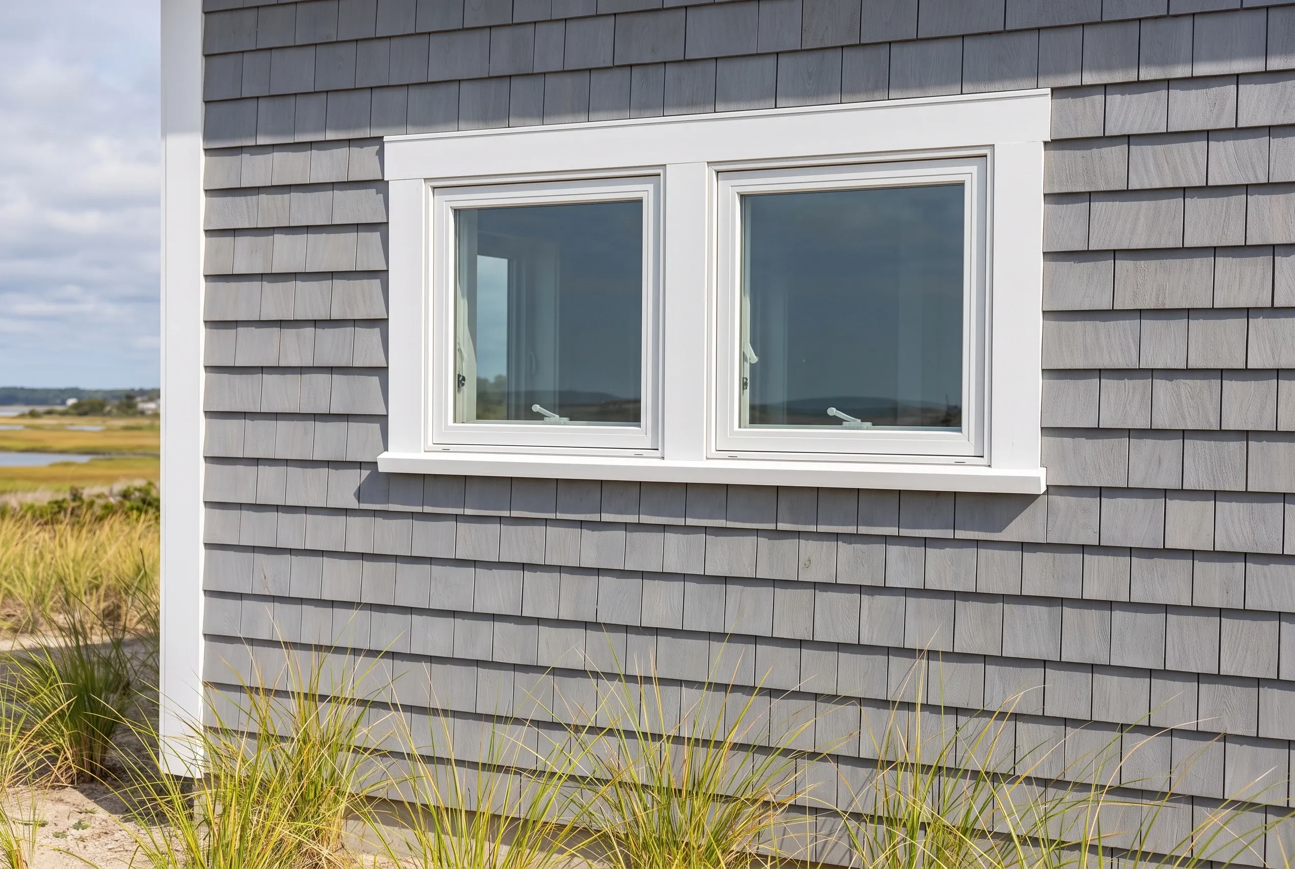 Coastal home with new windows in Scarborough ME: Gray shingle-sided house with white-trimmed double windows, white trim band, viewed from beach with marsh and water visible in background.