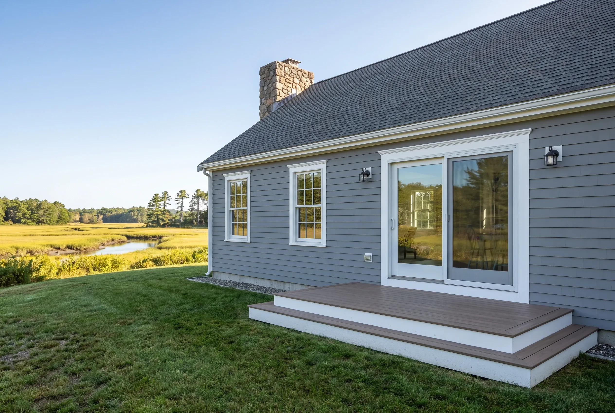 Modern home in Scarborough, ME: Single-story gray house with white trim, new windows and glass doors, dark roof with brick chimney, deck, green lawn, and marsh view.