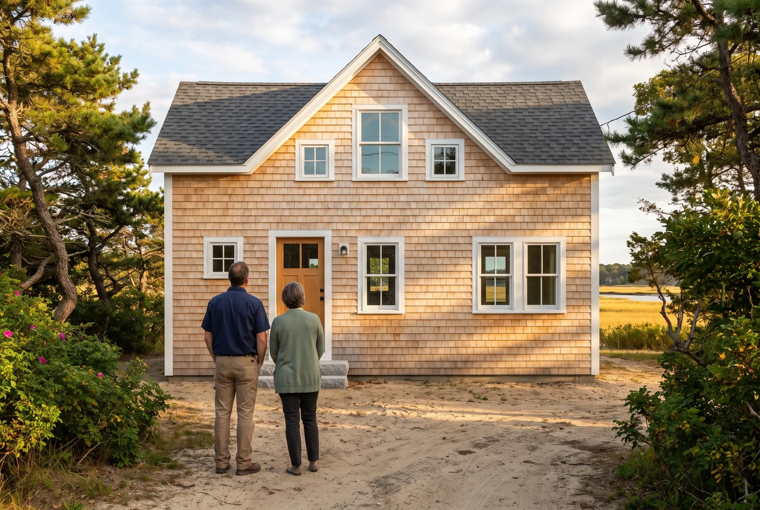 Coastal home with cedar shingle siding: Two people stand facing a tan shingled house with white trim and gray roof in sandy Scarborough setting surrounded by evergreens.