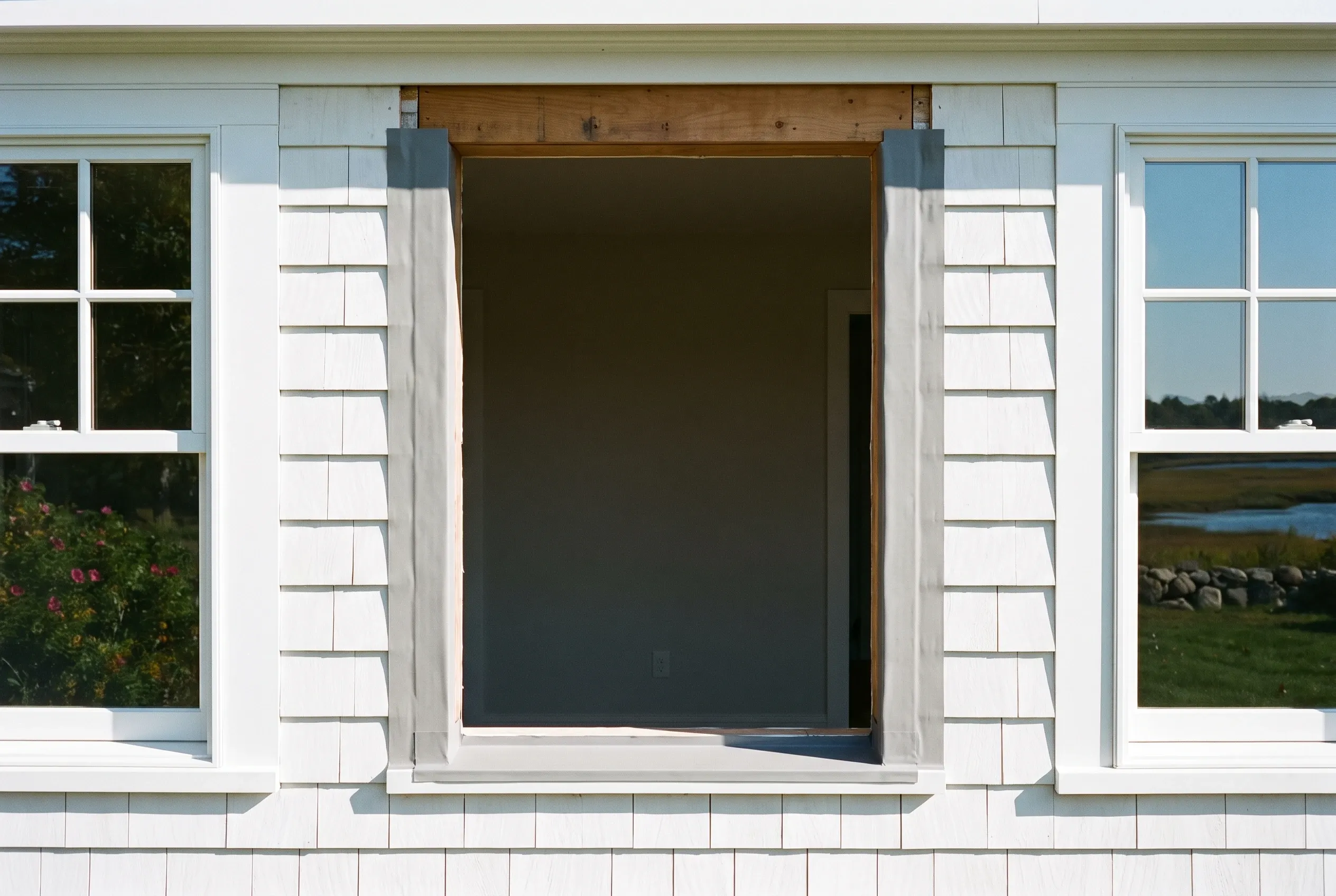Residential windows on white shingled home in Scarborough, ME: Two white multi-pane windows flank a central opening with dark insert on white shingled exterior with gray trim.