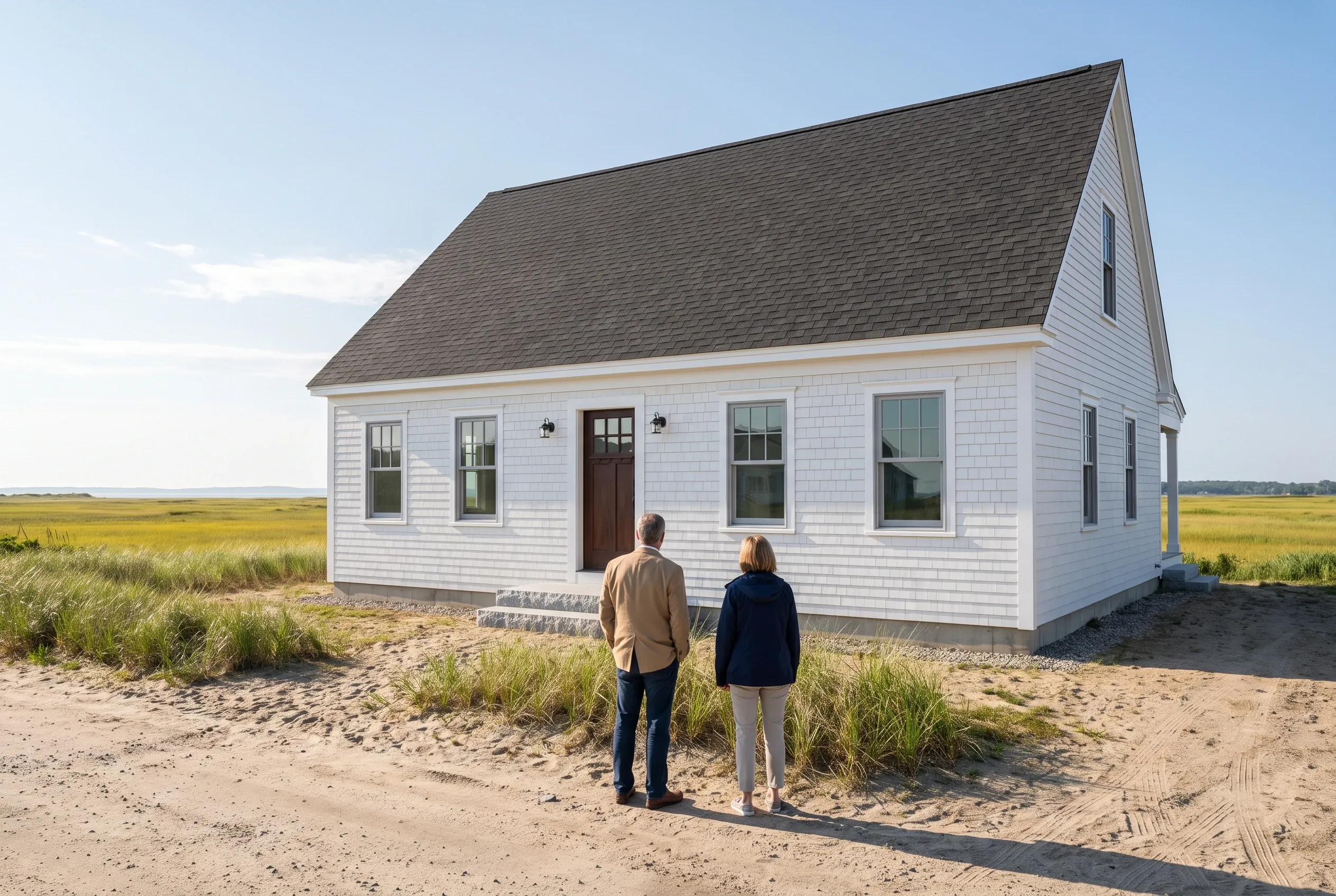 White Cape Cod house in Scarborough, ME: Two people stand facing a white shingled cottage with dark gray roof, white trim, and brown front door on sandy beach setting with marsh grass.