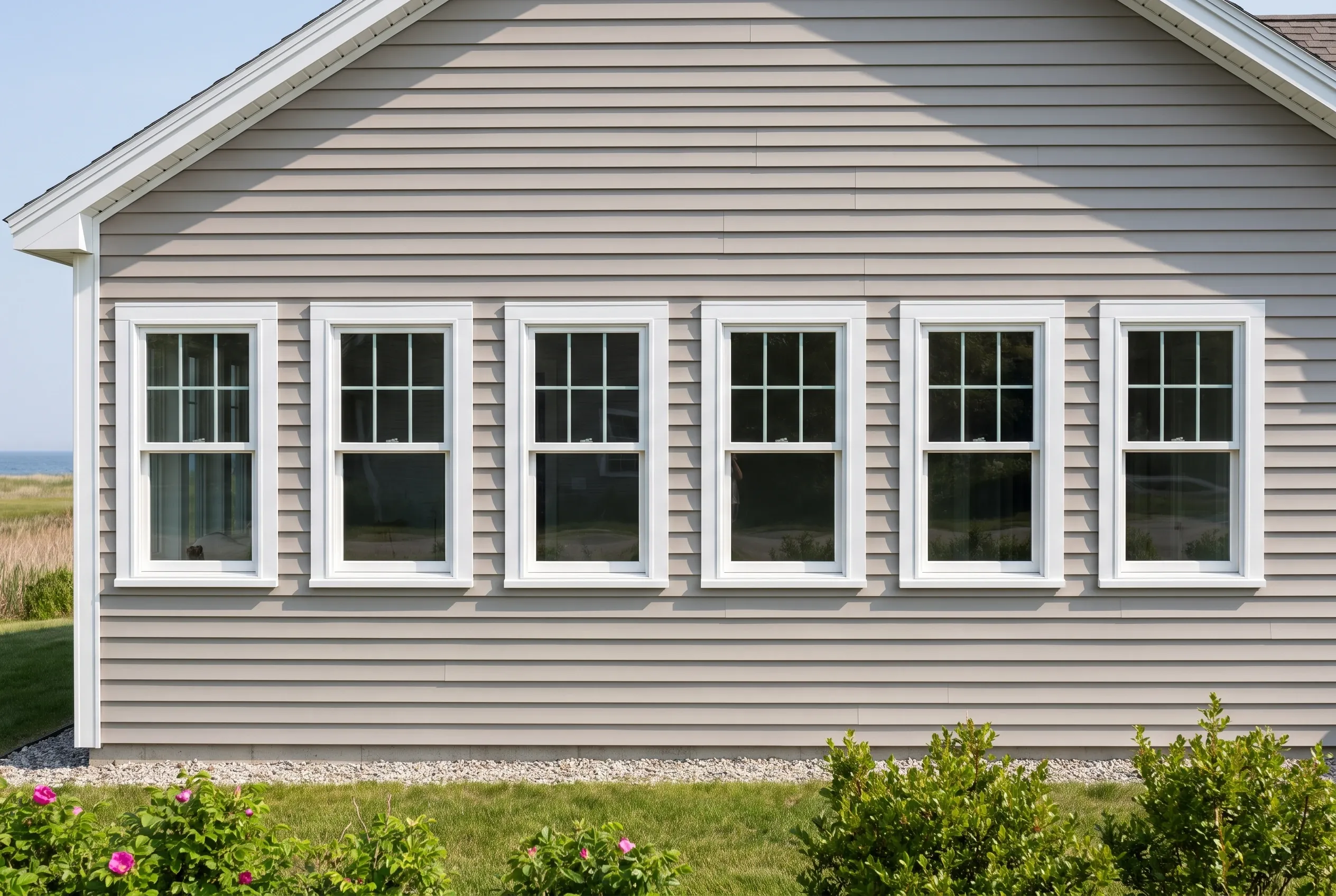 Modern coastal home with new windows: Single-story house with gray horizontal siding, white-trimmed double-hung windows, and pitched roof overlooking grass and ocean in Scarborough, Maine.