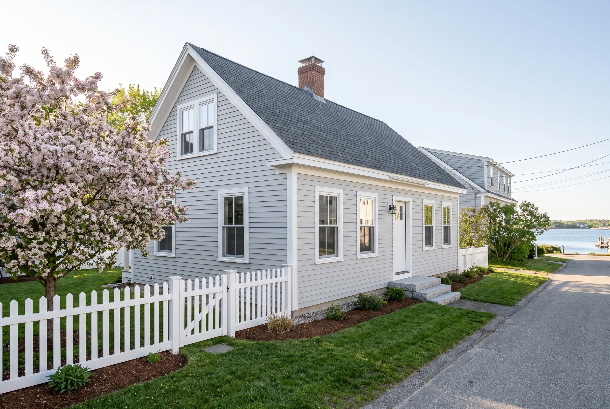 Light blue cape cod with white trim in South Portland, ME: A gray-blue sided house with white trim, dark roof, and white picket fence, featuring blooming trees and a waterfront setting.