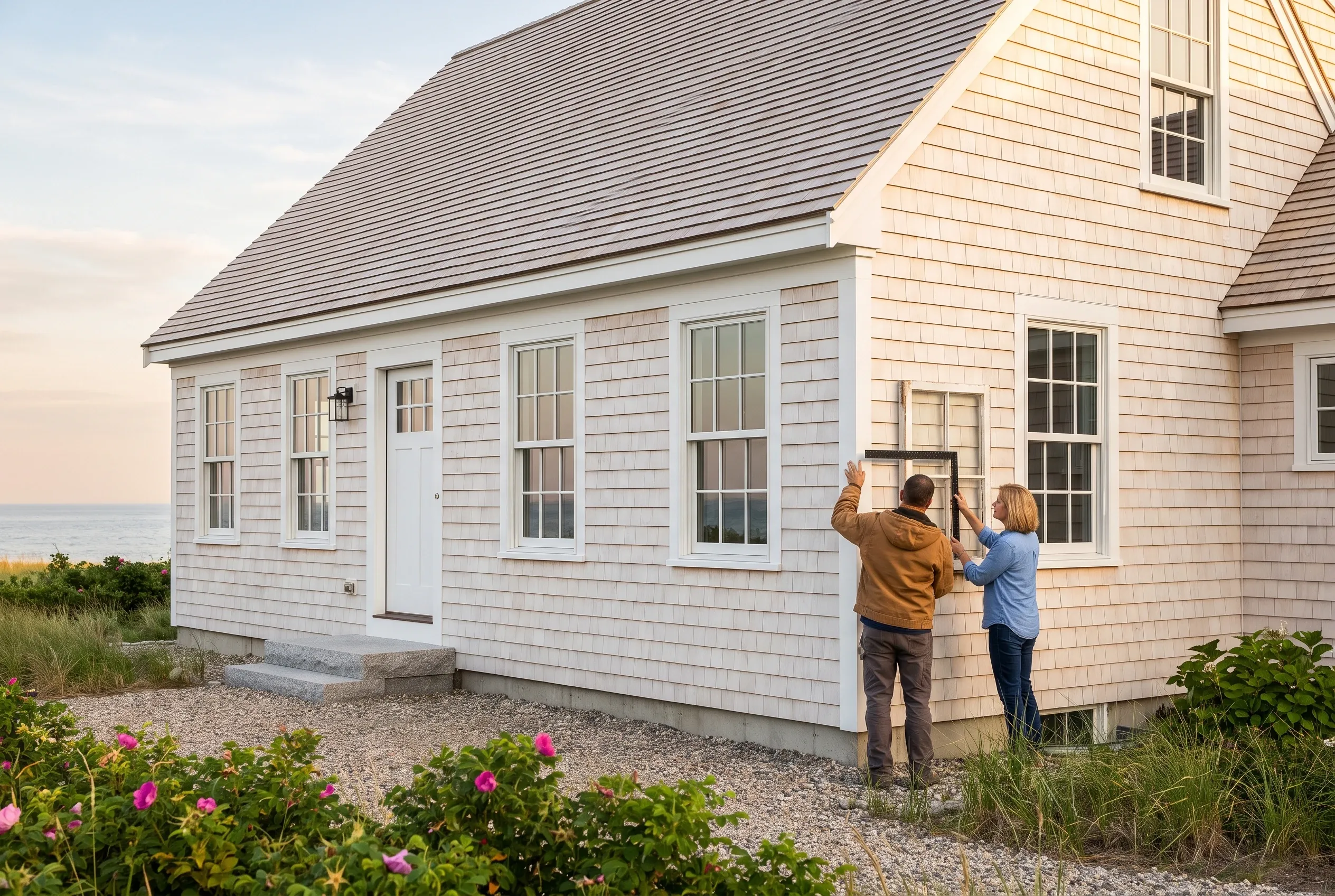 Cottage with new windows in South Portland, ME: Two people install a window on a cream-colored shingled cottage with white trim and dark roof near the ocean.