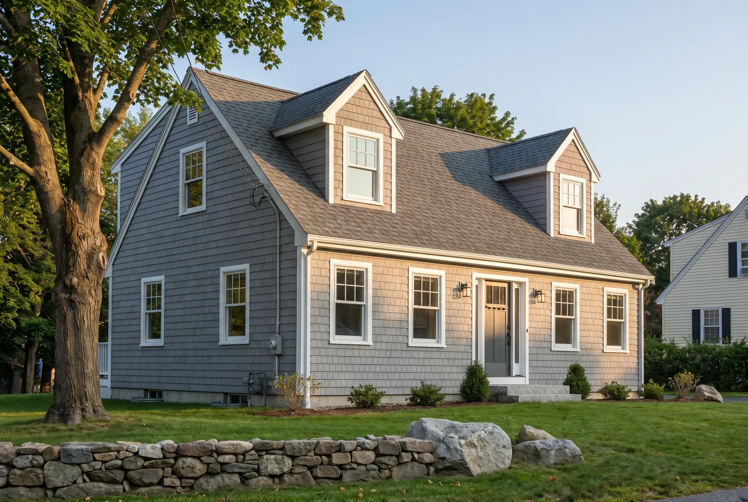 Window replacement in South Portland, ME: Cape Cod style house with gray and tan shingle siding, white trim, gray roof, two dormers, front porch, large tree, stone wall, green lawn.