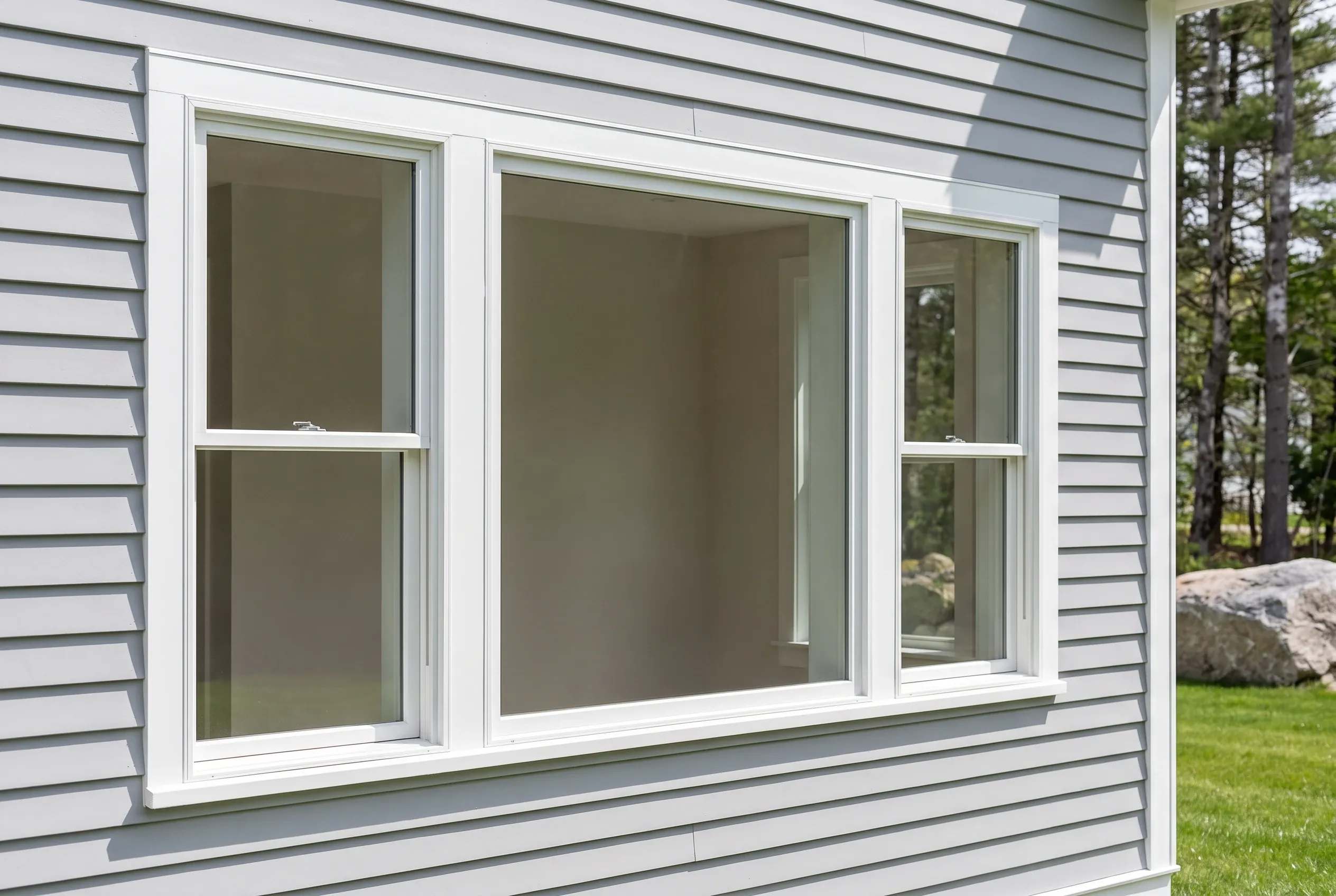 New windows on gray-sided house in South Portland, ME: Three white-trimmed windows with gray siding on residential home, evergreen trees and lawn visible in background.