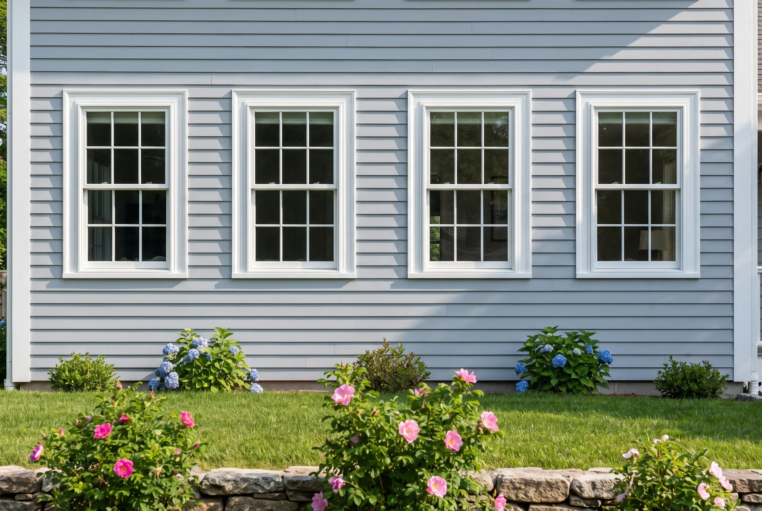 Four white-trimmed windows on blue horizontal siding: Four white-trimmed double-hung windows with 12 panes each on a residential building with blue horizontal siding and stone foundation, flowering shrubs below in South Portland, Maine.