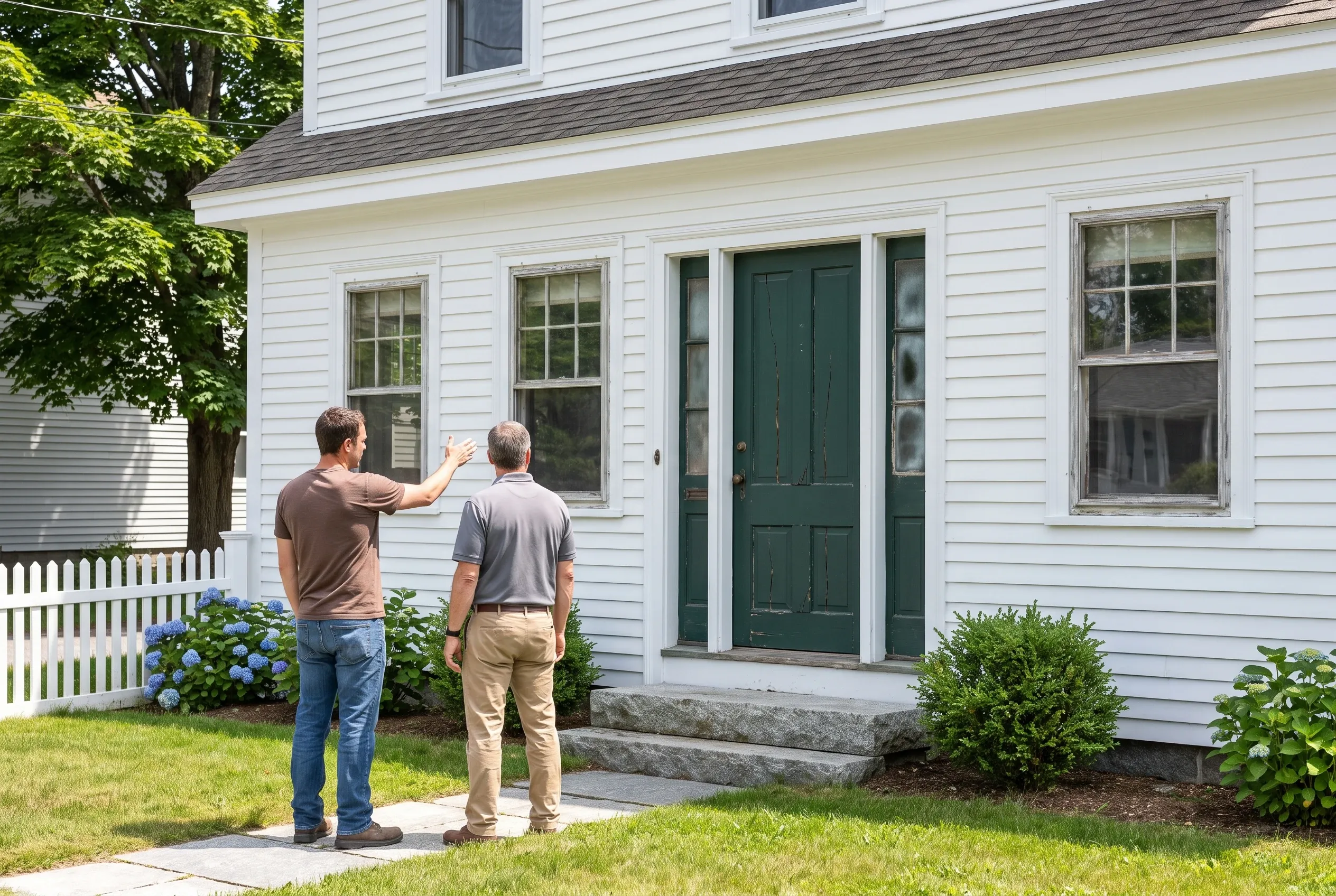 White Colonial Home in South Portland, ME: Two men stand on lawn examining white colonial house with white horizontal siding, gray roof, green front door, and multi-pane windows surrounded by landscaping and white picket fence.