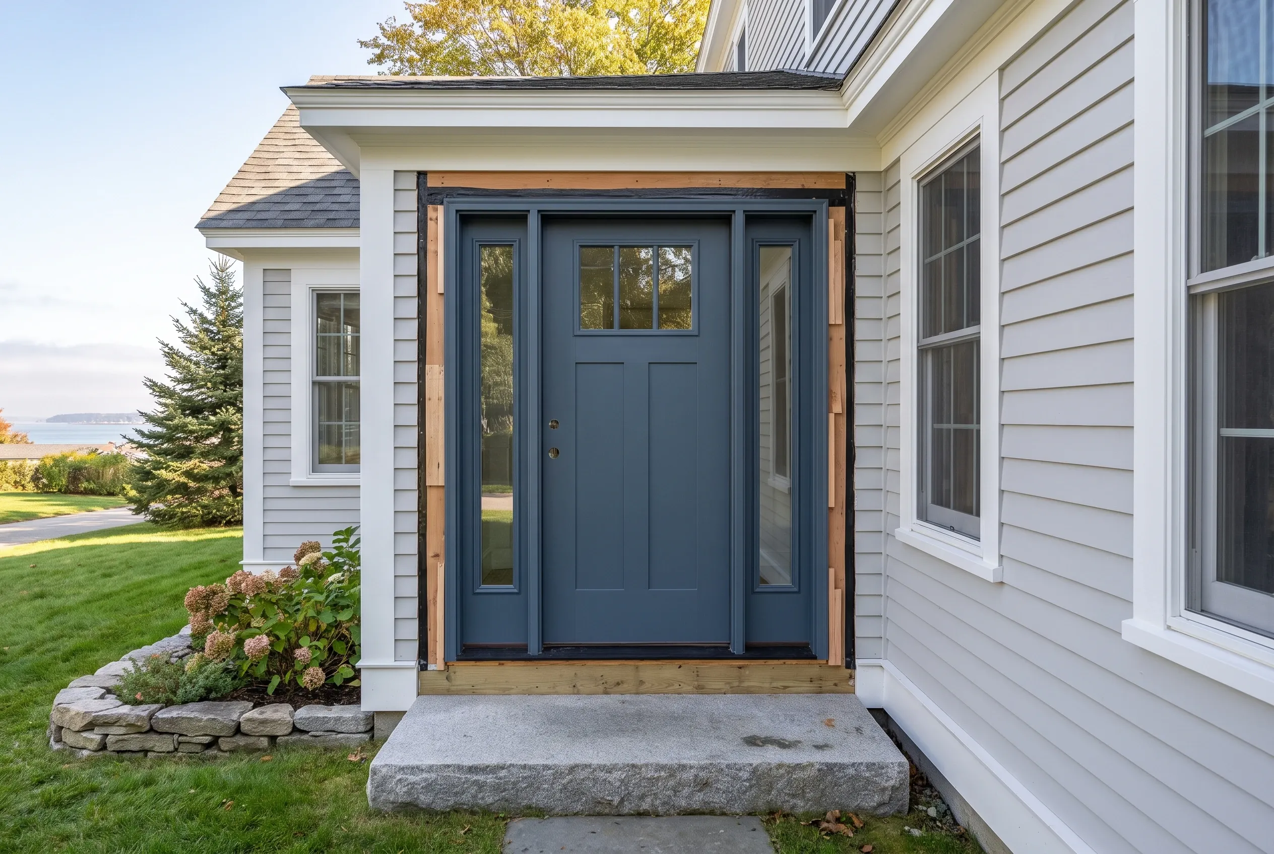 Modern house entrance in South Portland, ME: White horizontal siding with blue entry door, sidelights, wooden trim, shingled roof, stone step, manicured lawn, and evergreen shrub.