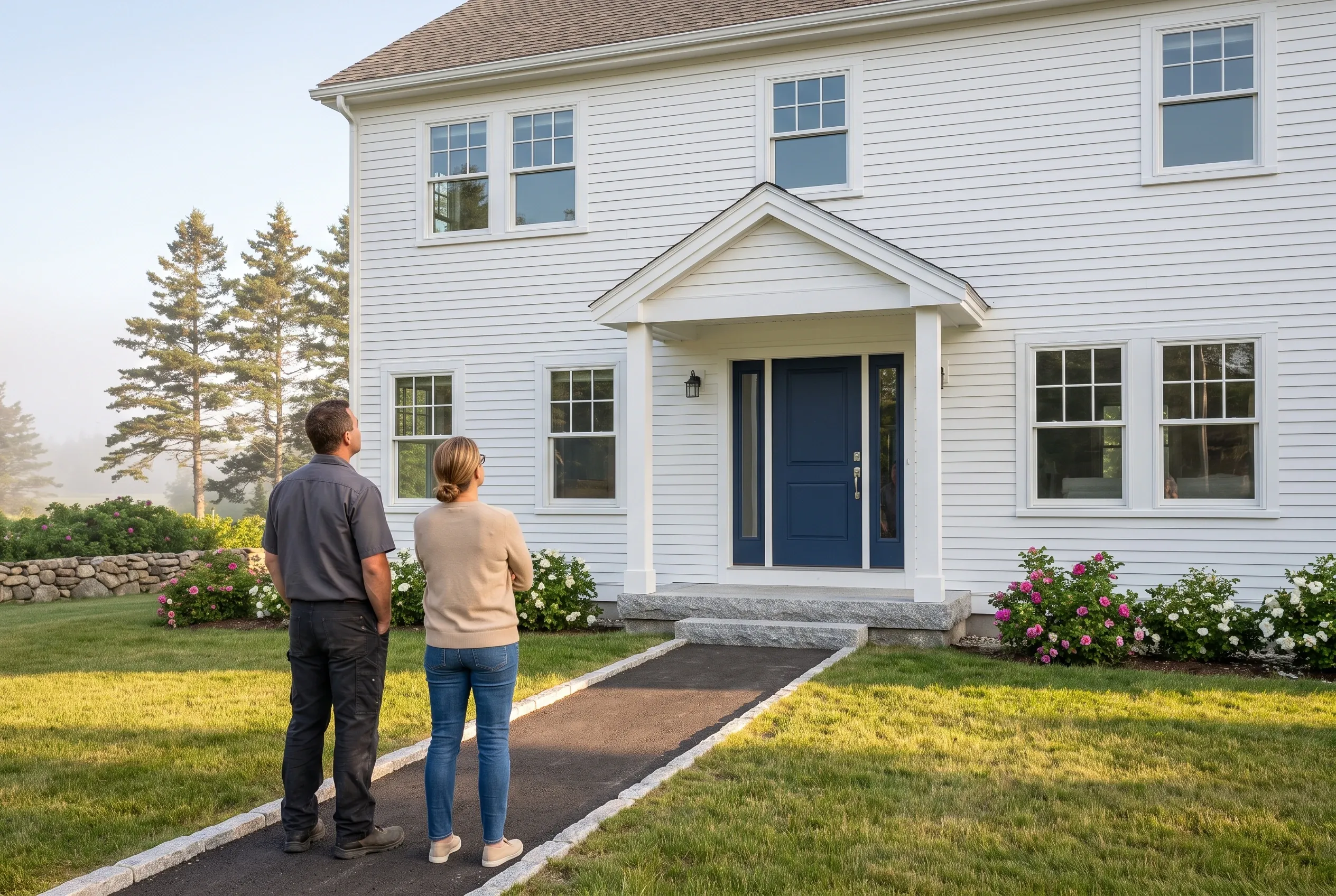 White Colonial Home in South Portland, ME: Two people viewing the front of a two-story white vinyl-sided colonial home with navy blue door, multiple windows, tan roof, and landscaped grounds with evergreen trees.